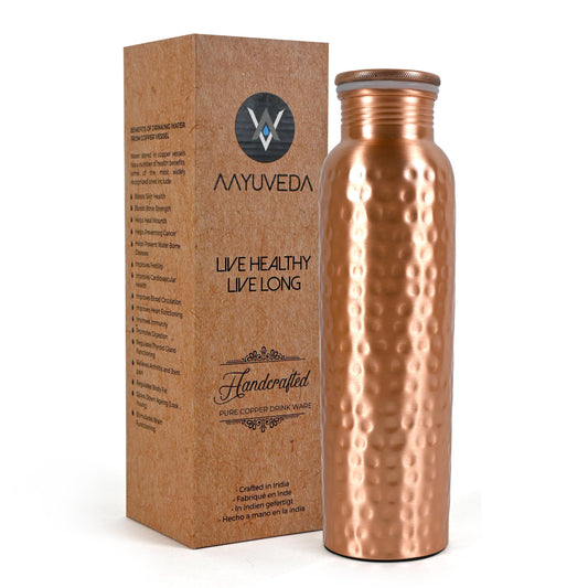 AAYUVEDA Pure Copper Bottle | 34Oz Water Bottle For Drinking | Leak-Proof Hammered Design Bottles For Home, Gym, School & Travel | Durable, Rust Proof & Handmade Bottles | Ayurvedic Copper Cups