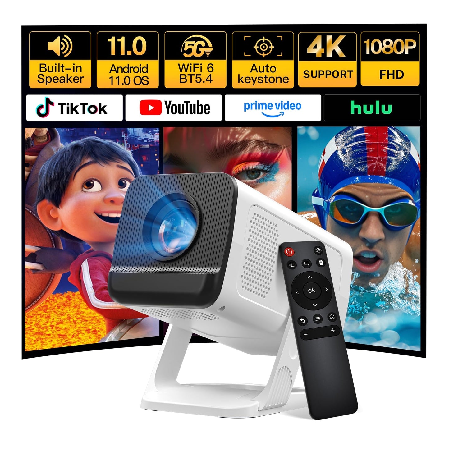 Mini Projector with WiFi 6 and Bluetooth 5.4 Built-in Apps for Bedroom Portable Projector Android 11 Smart Auto Keystone 1080P 4K Support Compatible with iOS/HDMI/TV Stick VisualCube 300