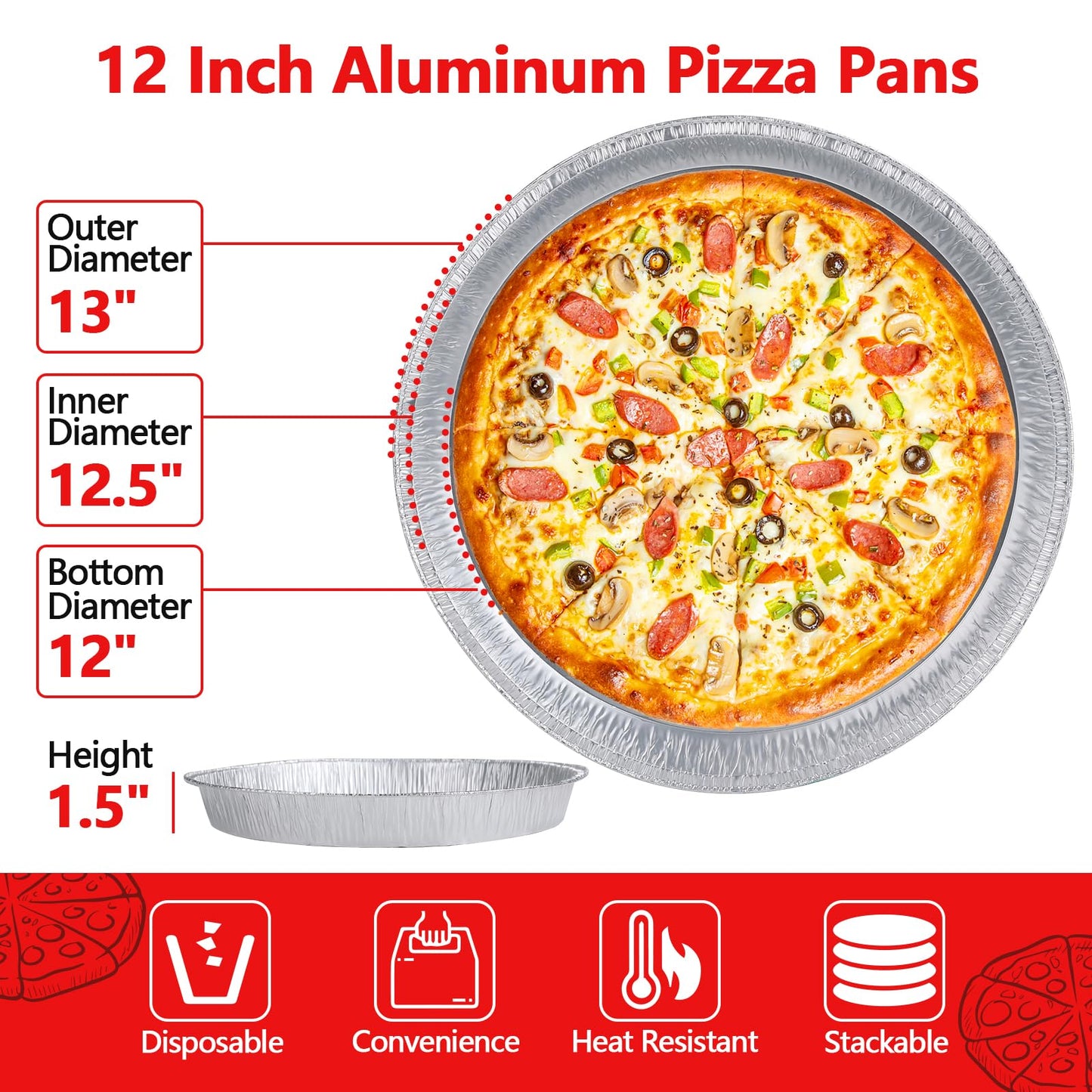 12 Inch Aluminum Pizza Pans, 12 Pack Disposable Round Foil Pizza Pan Trays, Oven & Freezer Safe Disposable Pizza Pan for Baking, Serving, Catering & Parties