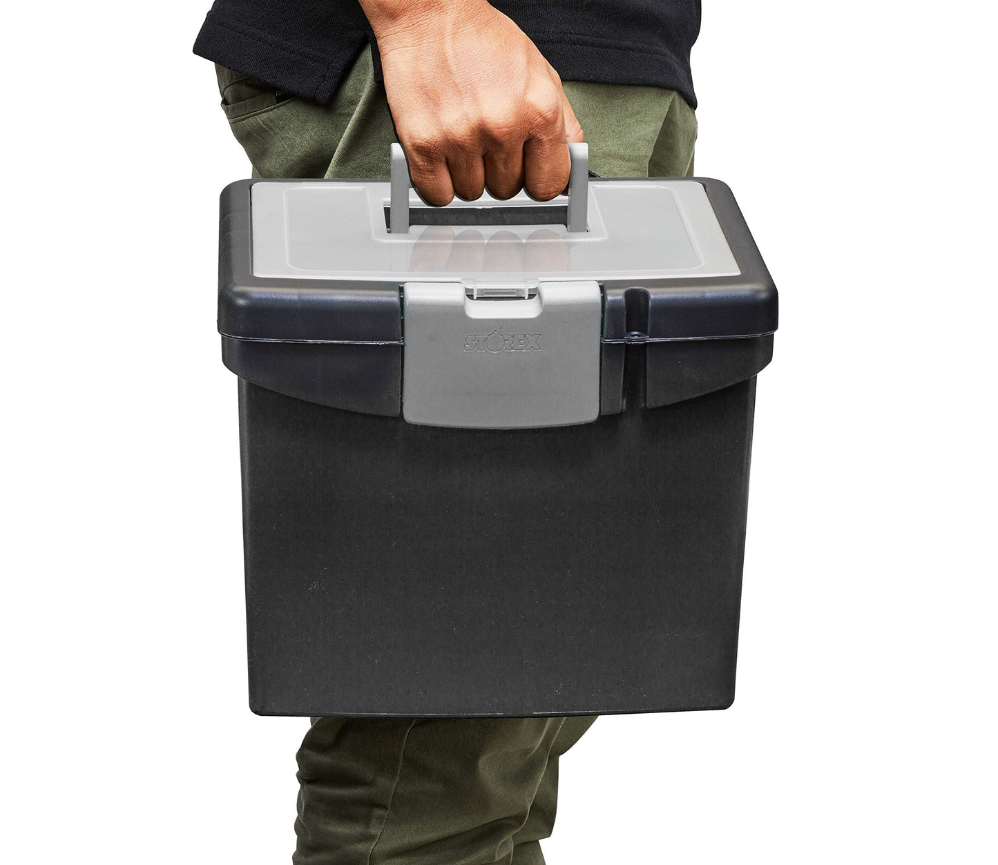 Storex Portable File Box with Organizer Lid – Plastic Office File Storage Box for Letter Paper and Hanging Folders, Obsidian, 1-Count (61504C01C)