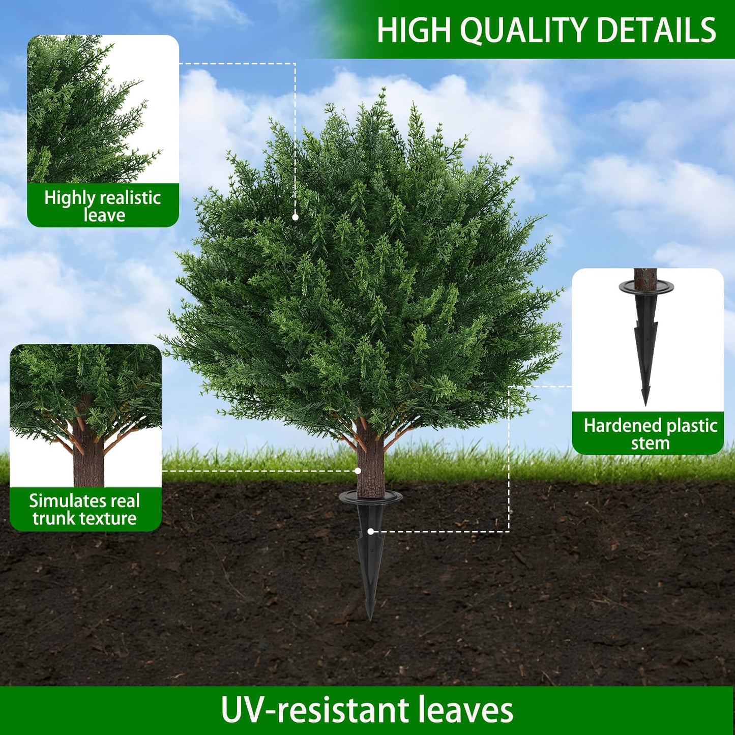 Yangrass Artificial Set of 2 Cedar Topiary Ball Trees 23" for Outdoors with Ground Spike, UV Resistant Faux Cypress Plants, Evergreen Shrubs Bushes for Front Porch Garden Backyard Decor