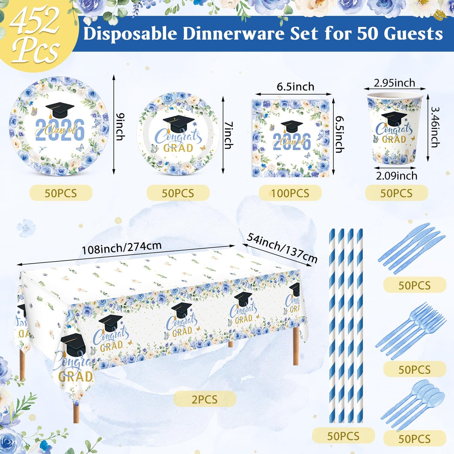 Funnymoom 452 Pcs Light Blue Floral Graduation Decoration for 50 Guests, Class of 2026 Blue Gold Graduation Paper Plates Napkins Cups Tablecloth Cutlery Straws for 2026 Congrats Grad Party Supplies