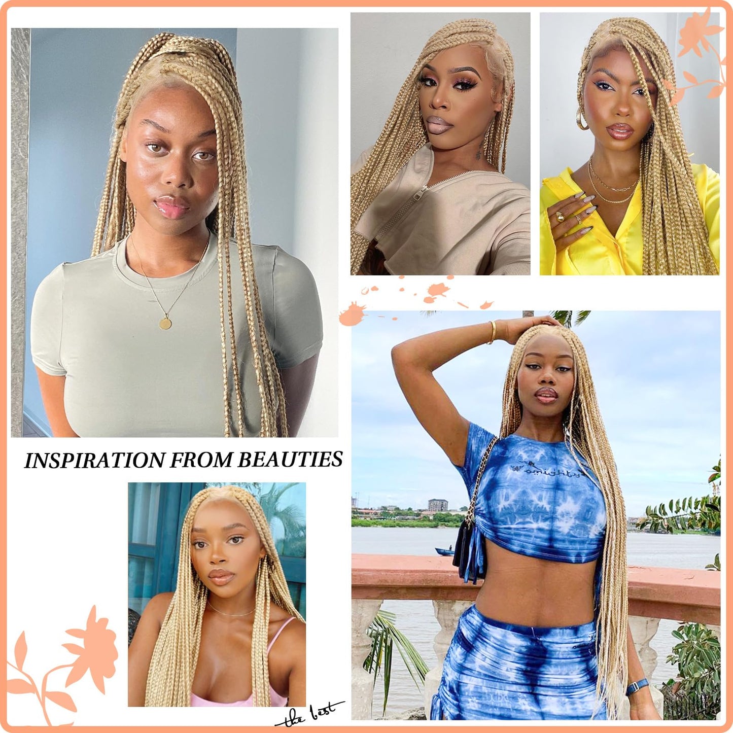 Brinbea 360° HD Full Lace Knotless Braided Wigs for Women Box Braid Wig with Baby Hair Braided Lace Front Wigs Human Hair Blended Braids Wig Long Blonde 36"