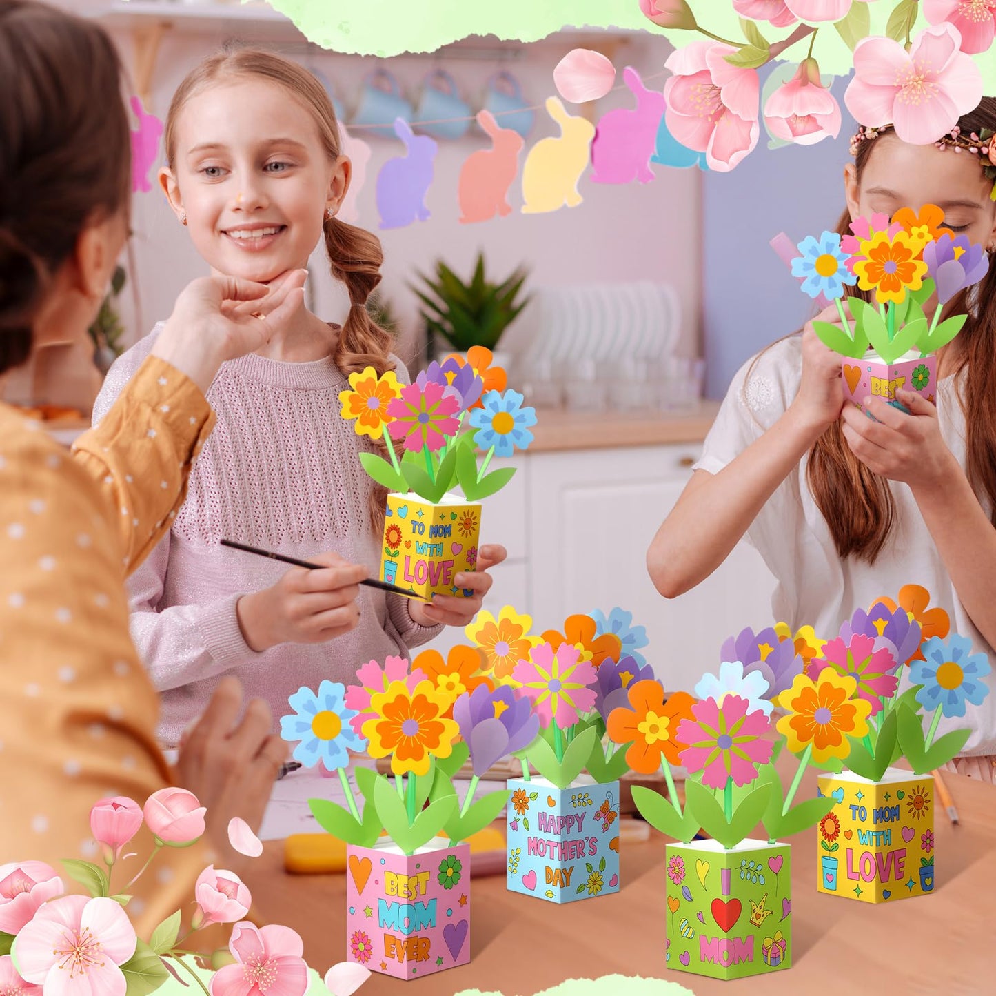 Motipuns 16 Set Mother's Day Flower Pot Crafts DIY Spring Floral Bouquet Crafts Kit Make Your Own Standing Flower Pot Handmade School Exchange Gift for Kids Party Activity Mom Teacher Appreciation