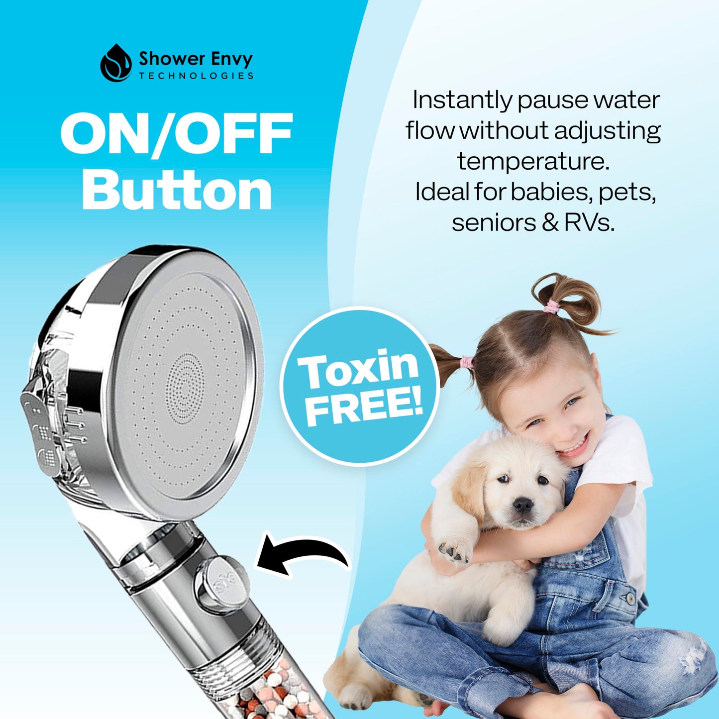 ShowerEnvy High-Pressure Filtered Shower Head – Ionic Beads, 3 Spray Modes, Flow-Pause Lever, Water Softener – Bathroom & RV Essential