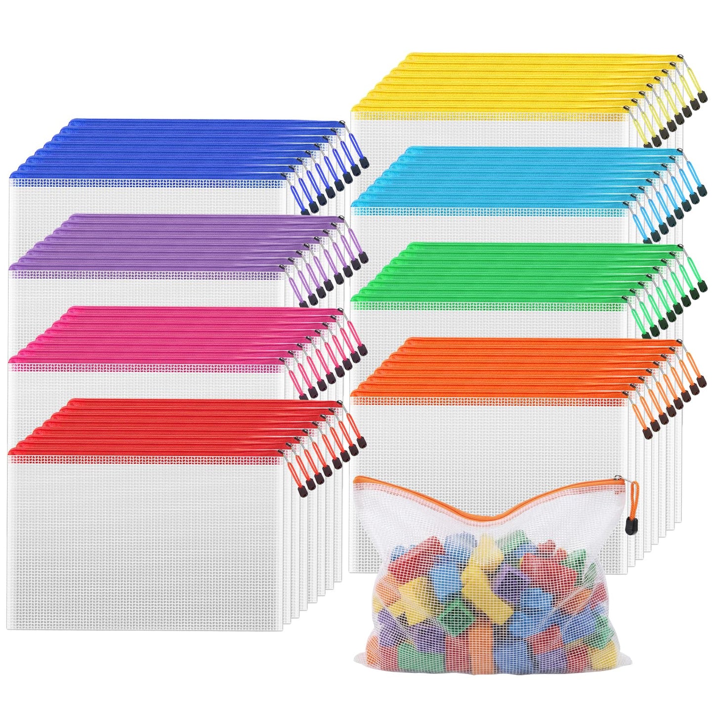 TKOOFN 72pcs Mesh Zipper Pouch Bags, A4 Letter Size Zipper Mesh Document Pouch, 13" x 9.5" Waterproof Mesh Bags for Board Games & Puzzles, Organizing Storage for School Office Supplies