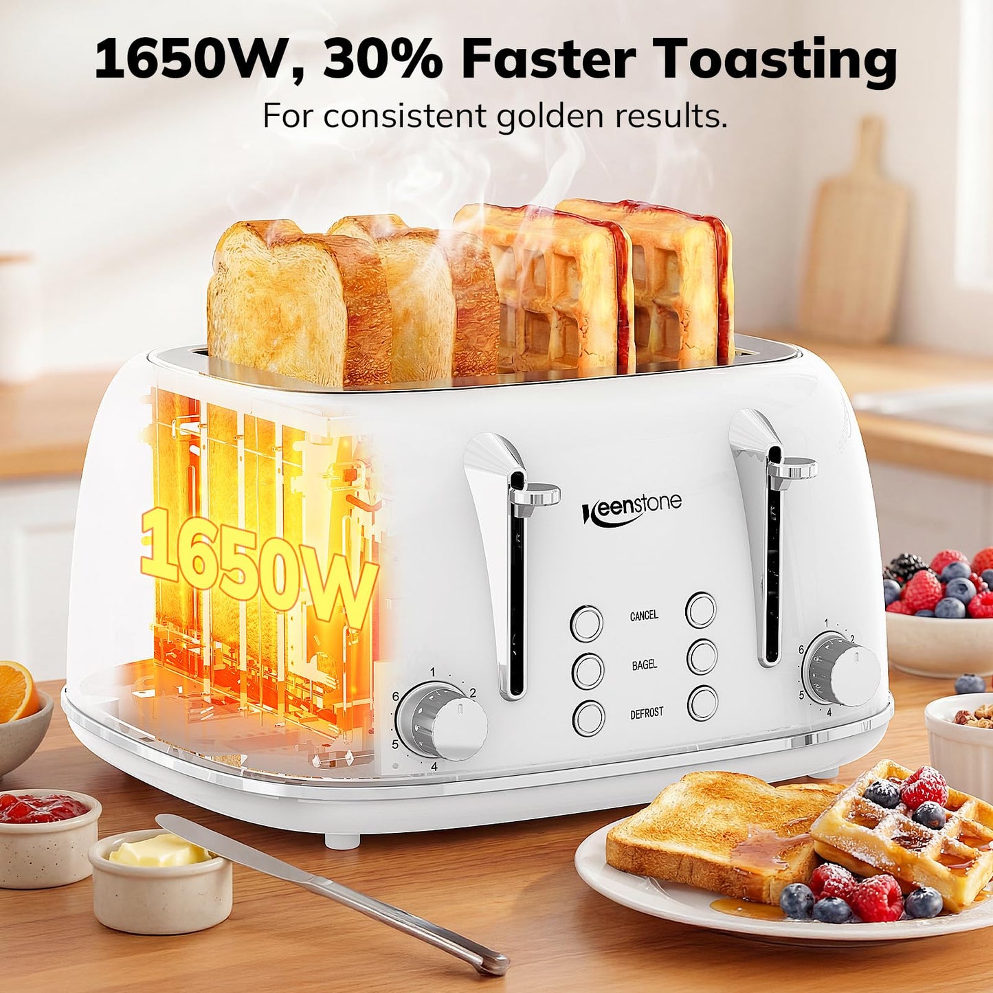 Keenstone Toaster 4 Slice, Retro Stainless Steel Wide Slot Toaster with Dual Independent Controls, 6 Browning Levels, Bagel, Defrost, Reheat & Cancel, Removable Crumb Tray, White