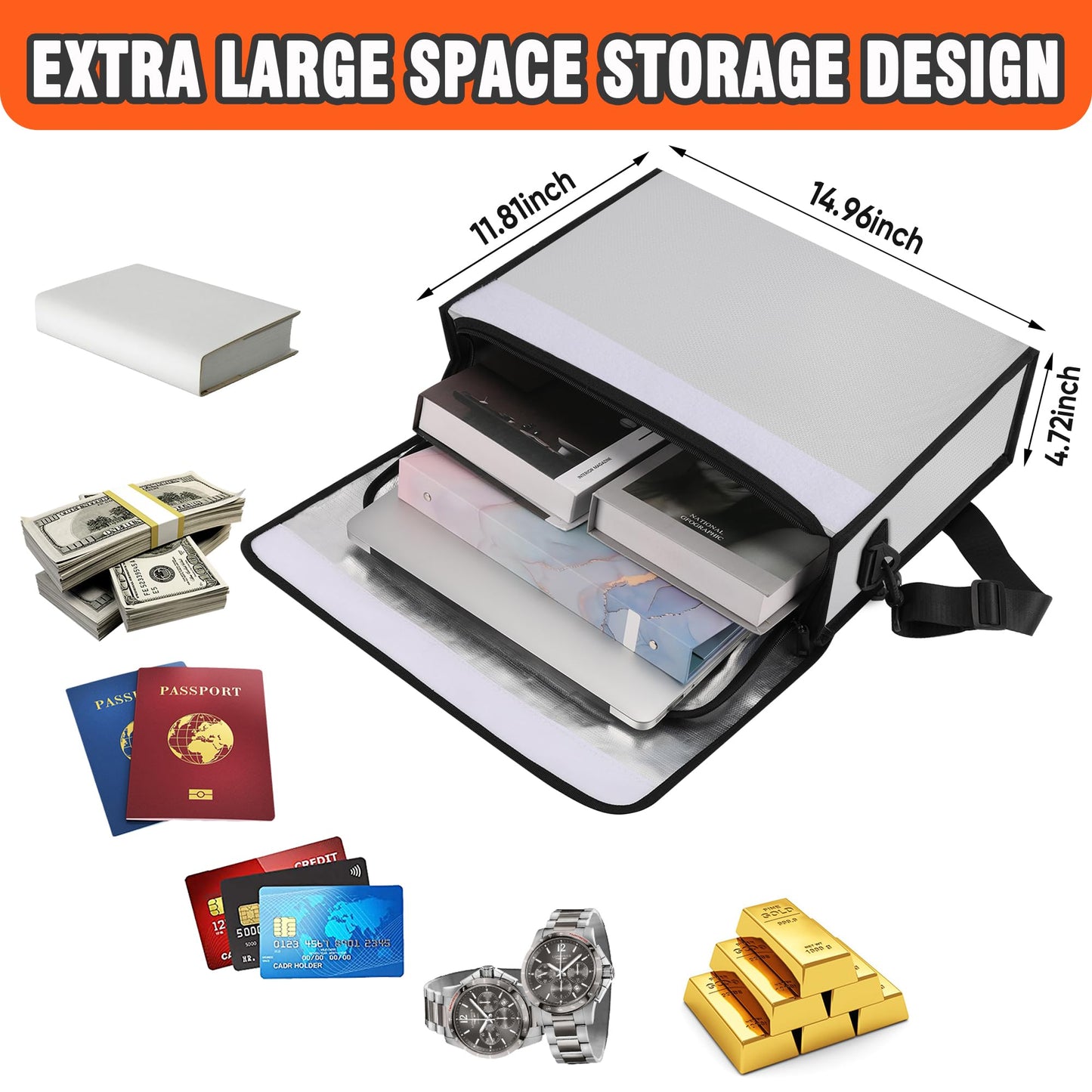 Wilmuz Fire Proof File Box for Documents with Shoulder Strap 5200℉ Insulated,14.9"x11.8"x4.7"Fireproof Document Bag with Reflective Strip,Fireproof Box for Money,Valuables,Jewelry(Silver)