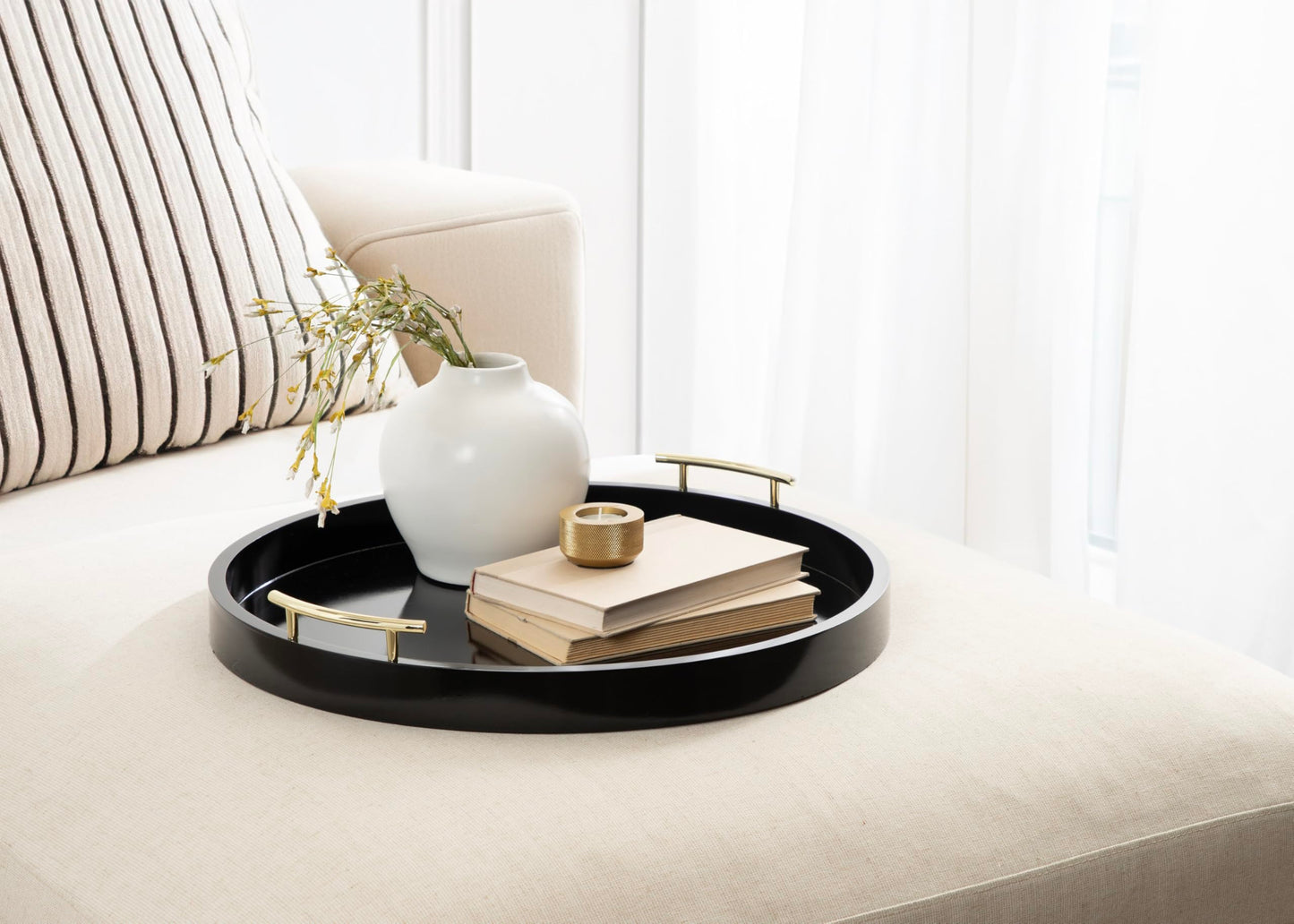 Kate and Laurel Lipton Circle Coffee Table Living Room Decor or Large Serving Tray, 22" Diameter, Black/Gold