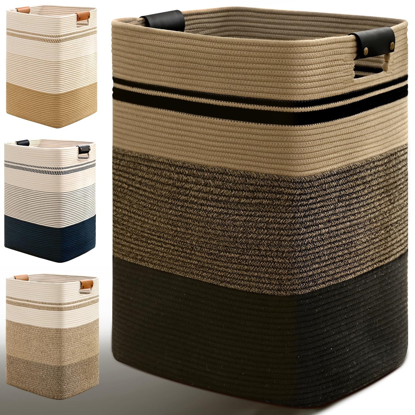 Degeyoyo Laundry Hamper, 95L Tall Laundry Basket with Leather Handles, Rectangle Large Clothes Hamper for Organizing, Cotton Woven Laundry Baskets Storage Hampers for Bedroom, Nursery, Living Room
