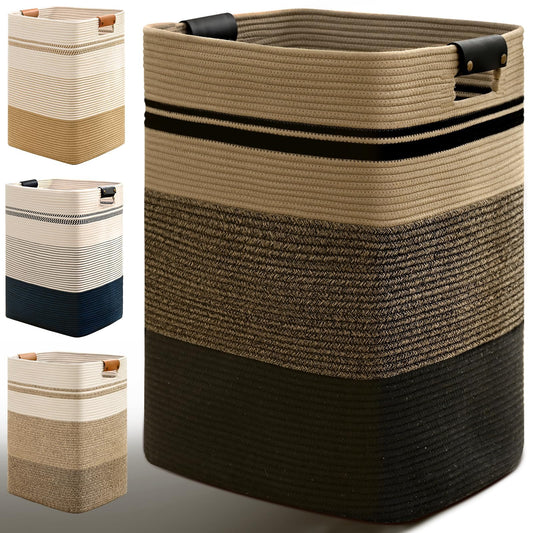 Degeyoyo Laundry Hamper, 95L Tall Laundry Basket with Leather Handles, Rectangle Large Clothes Hamper for Organizing, Cotton Woven Laundry Baskets Storage Hampers for Bedroom, Nursery, Living Room
