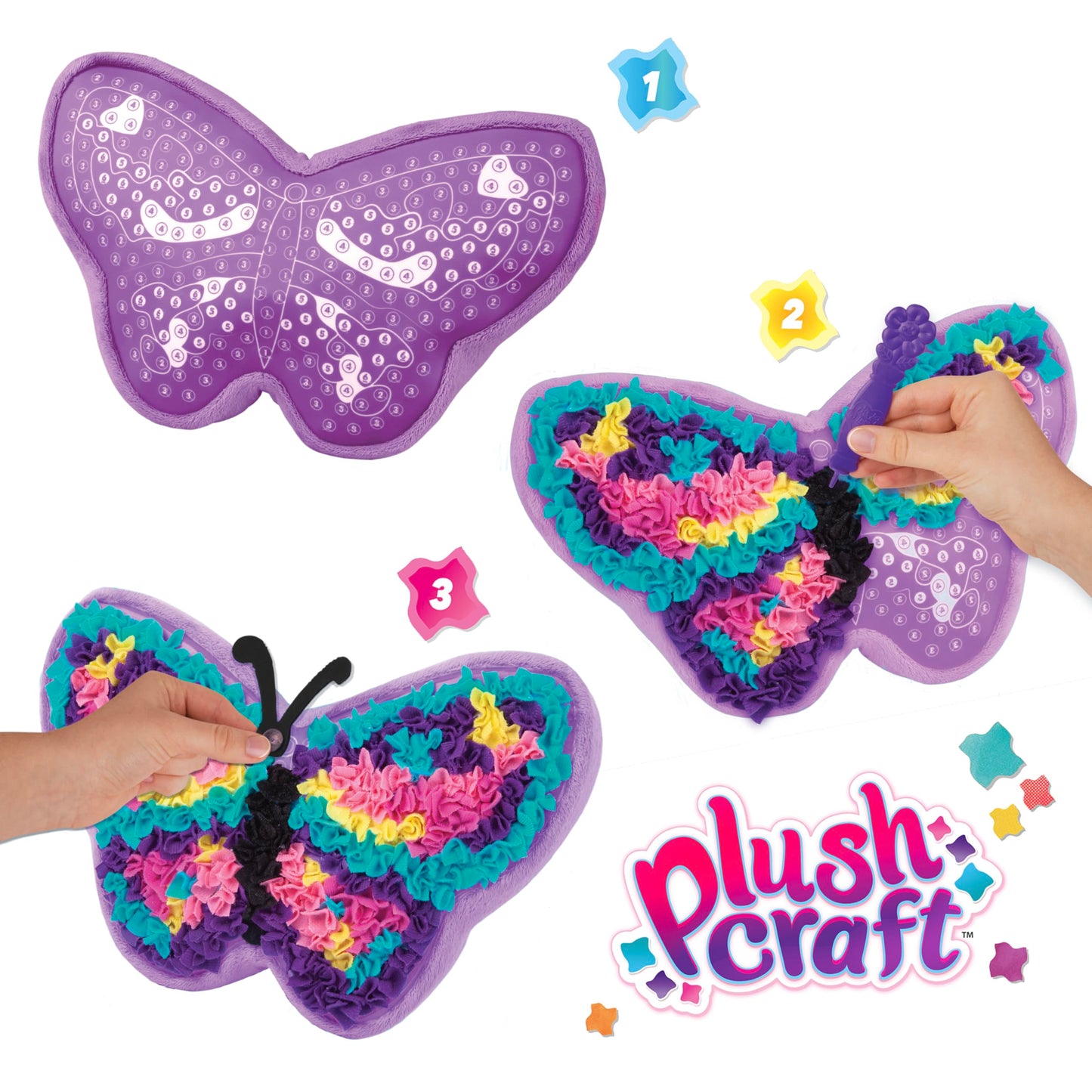 ORB PlushCraft DIY Unicorn, Butterfly, Cat Pillow Gift Set 3 Pack Craft Kit - Mess Free Punch Fabric By Number System, No Sewing Required - Includes 3 Fun Pillow Craft Projects for Boys and Girls
