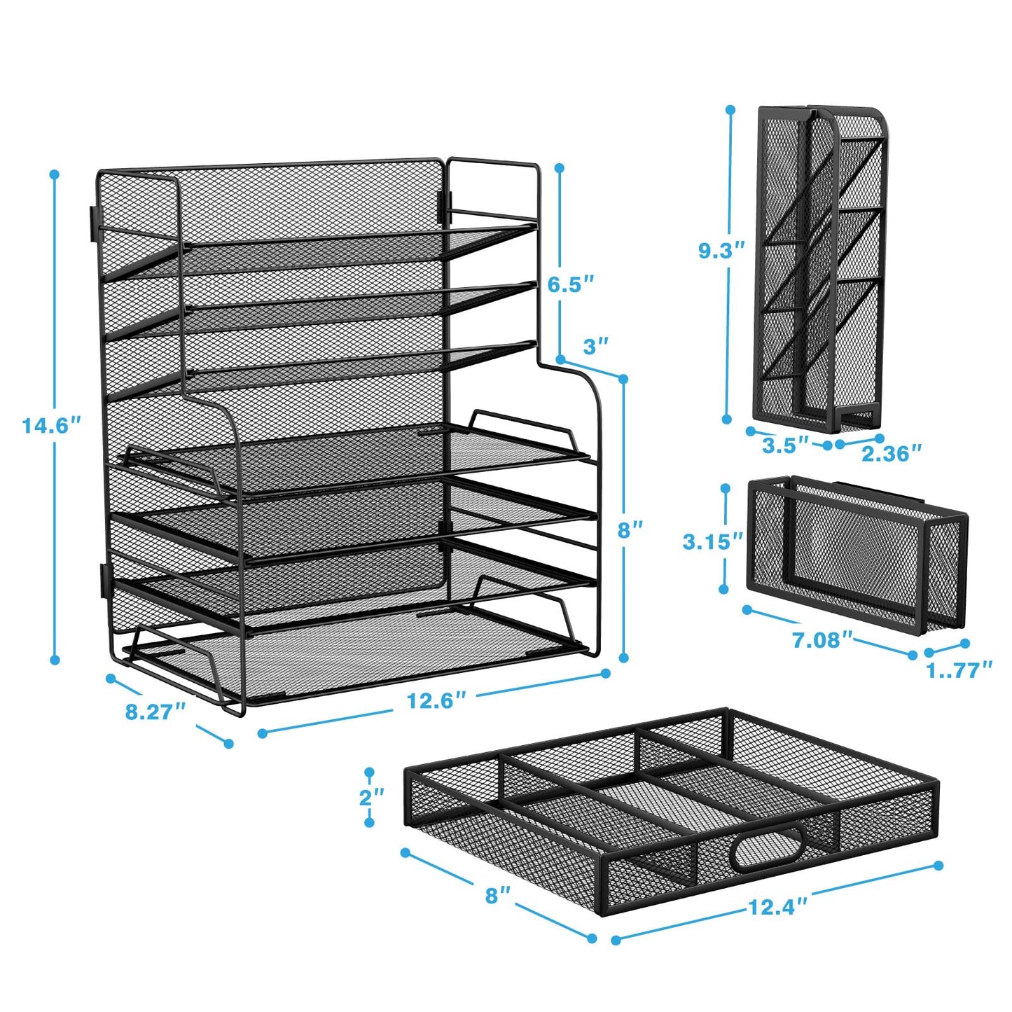 JIIAUSS 7 Tier Desk File Organizer Office storage Desk Accessories, Desktop Organizer for Office Supplies with Drawer and 2 Pen Holders (Black)