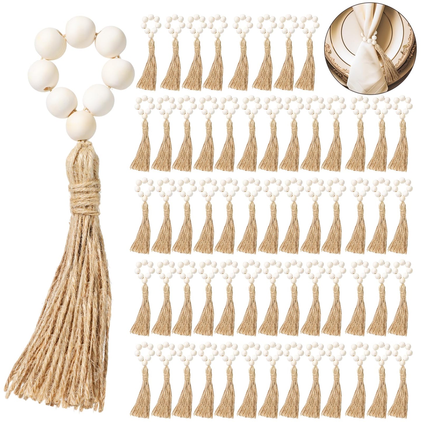 Maxcheck 60 Pcs Wood Bead Napkin Rings with Tassel Handmade Wooden Farmhouse Napkin Ring Natural Beaded Napkin Ring Holders for Tabletop Dining Party Wedding Gathering Home Decoration (Rustic)