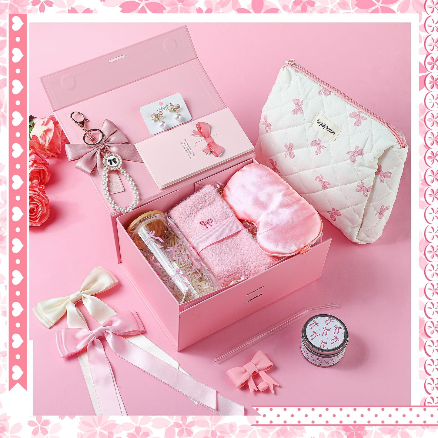 Skylety Pink Bow Gift Set Birthday Basket for Women Coquette Bow Teen Girl Happy Birthday Box Girl Gift for Her Friend Daughter Niece Women Sister Teenage