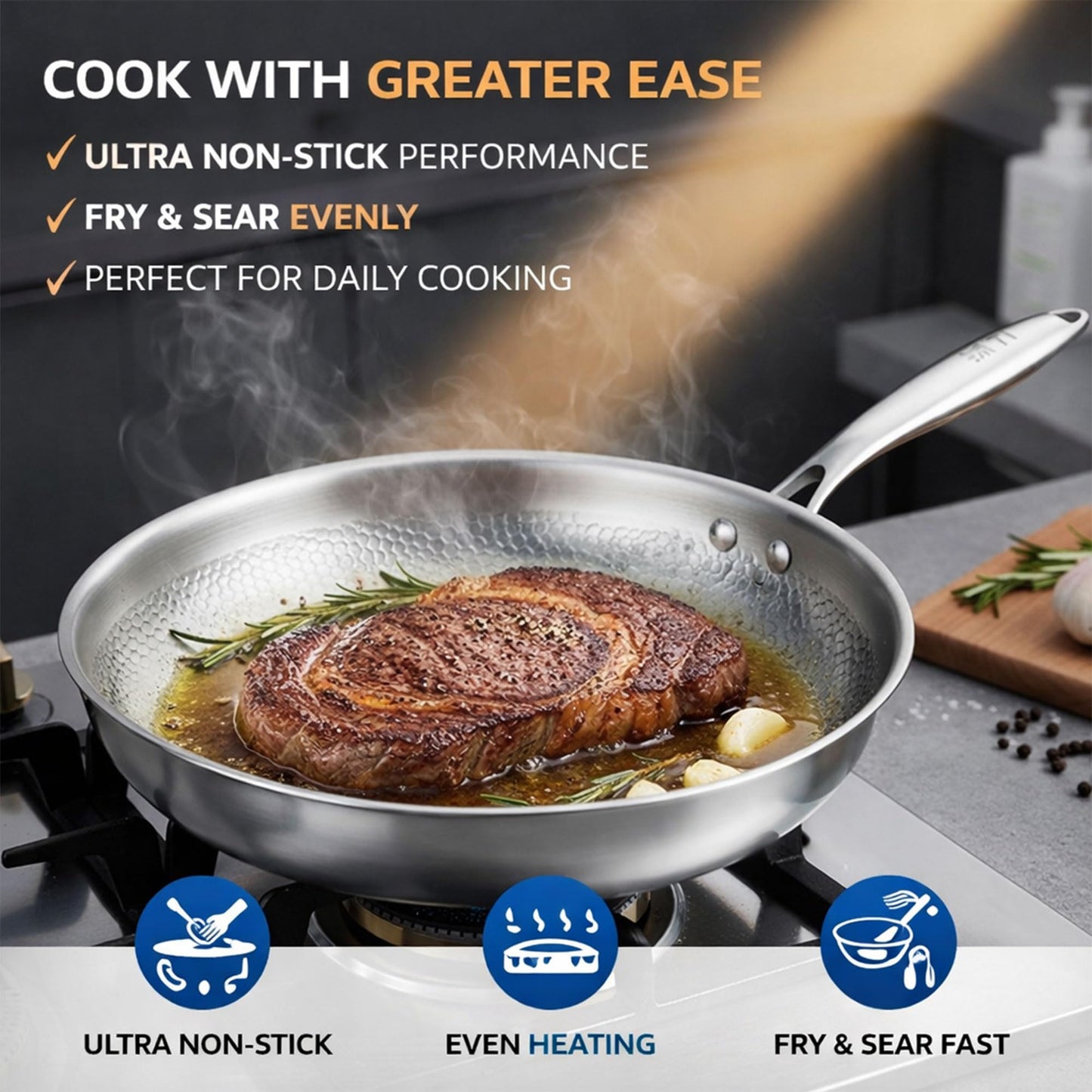 LIBSTP Pure Titanium Hammered Frying Pan with Lid, 10 Inch Skillet, No Coating Cookware, Even Heat, Scratch Resistant, Oven Safe, for Steak, Eggs, Salmon, Gas Electric Induction