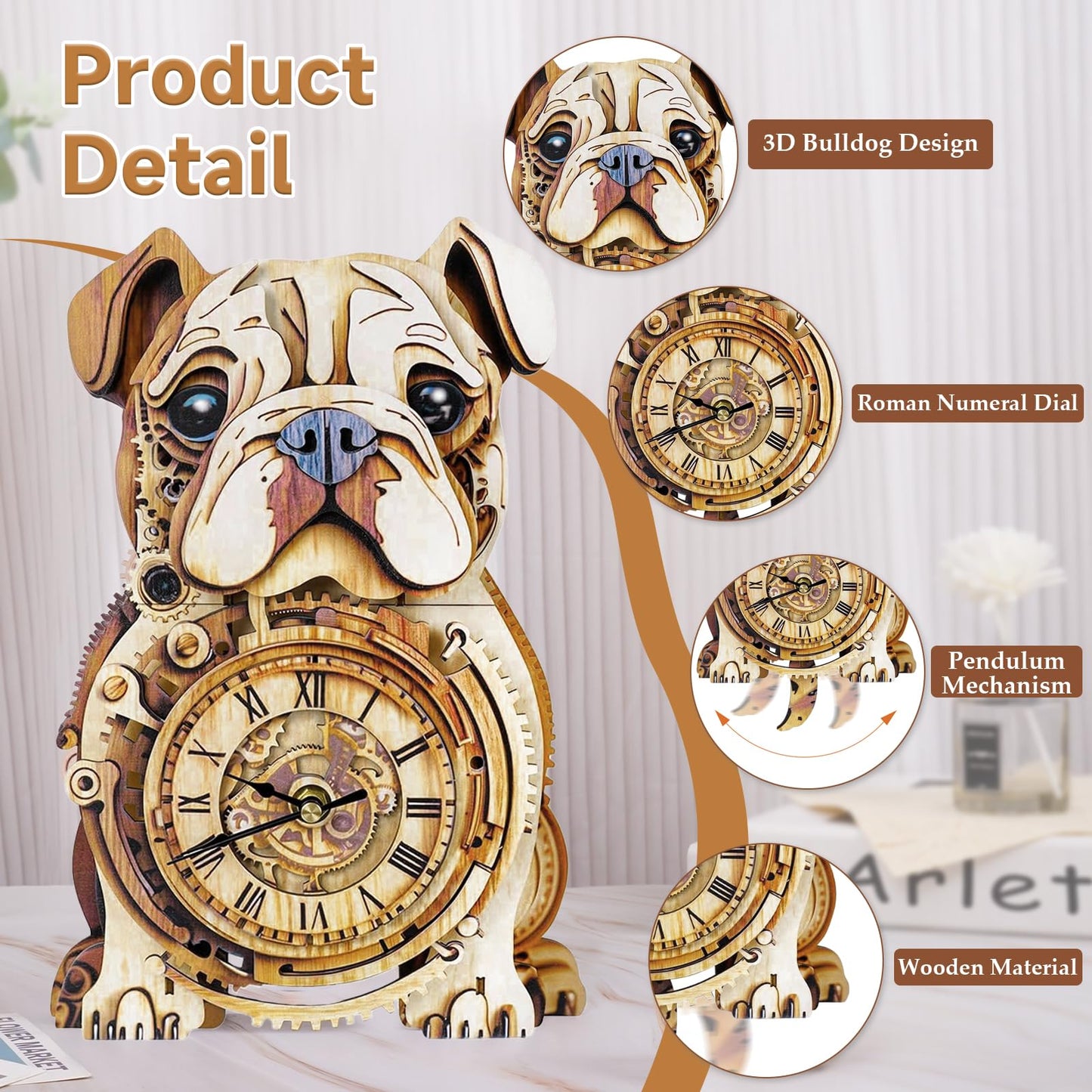 Kosmickiss Wooden Models for Adults to Build-Bulldog Clock with Swinging-3D Wooden Puzzles for Adults-Dog Mom Gifts for Women-DIY Clock Kit