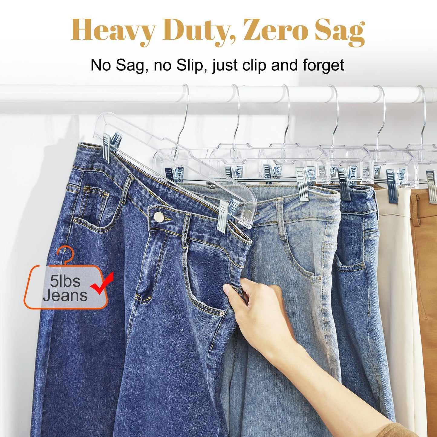 HOUSE DAY 50 Pack Skirt Hangers Pant Hangers with Clips, Clear Plastic Hangers for Pants, Skirts, Shorts, Versatile Use Clip Hanger, Retail Hanger