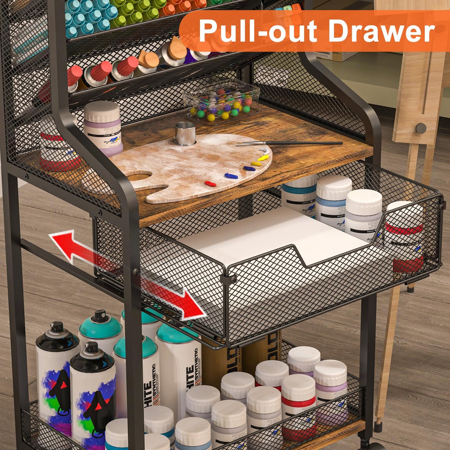Small Rolling Utility Cart with Drawer, Metal Craft Storage Cart with Lockable Wheel, Versatile Art Organizer with 6 Tiers & Removable Dividers for Drawing Room, Store Paint & Artifact, Patent Pending