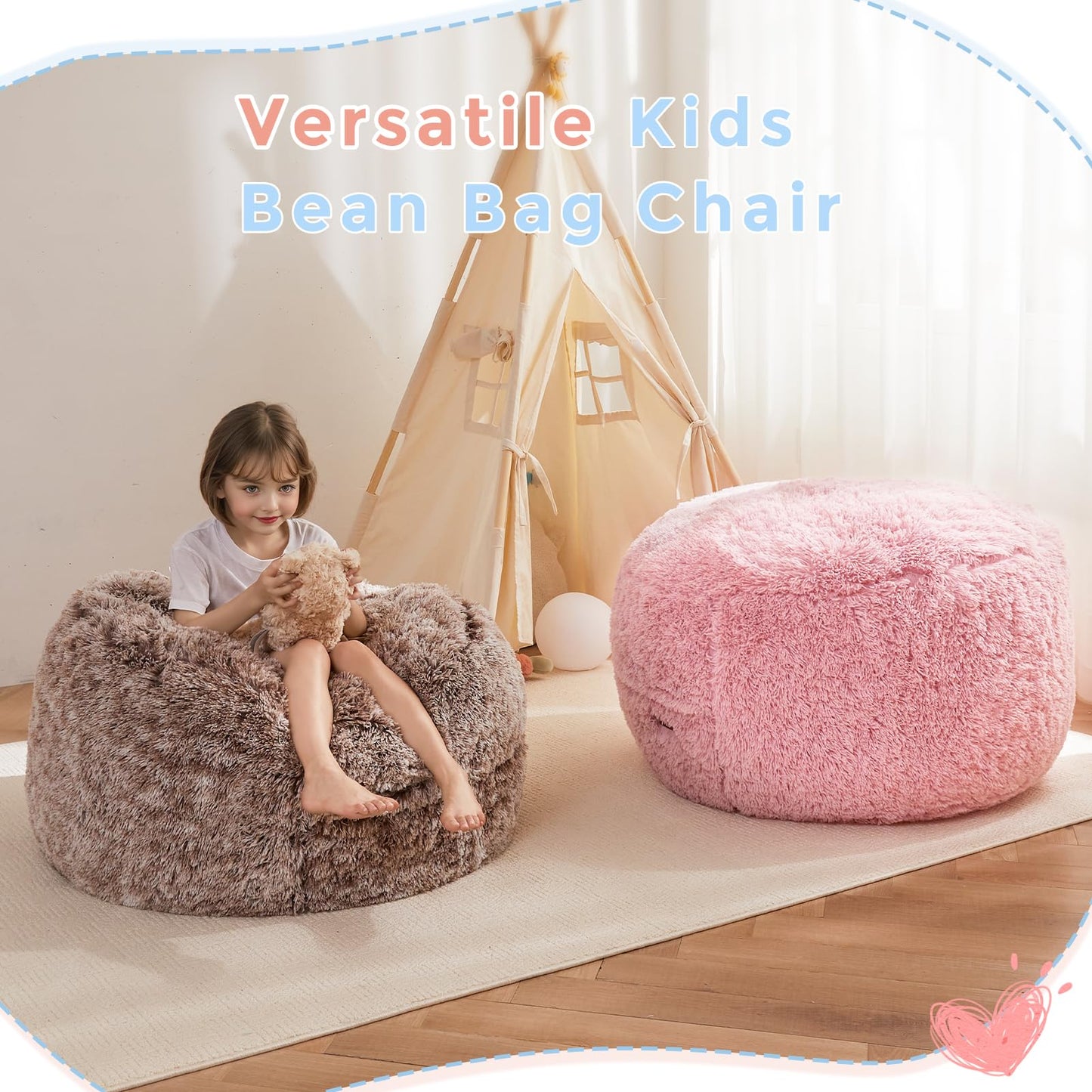 MAXYOYO Bean Bag Chair Bed for Kids, Plush Convertible Bean Bag Folds from Lazy Chair to Floor Mattress Bed, Stuffed Floor Sofa Couch for Boys and Girls, Machine Washable, Pink
