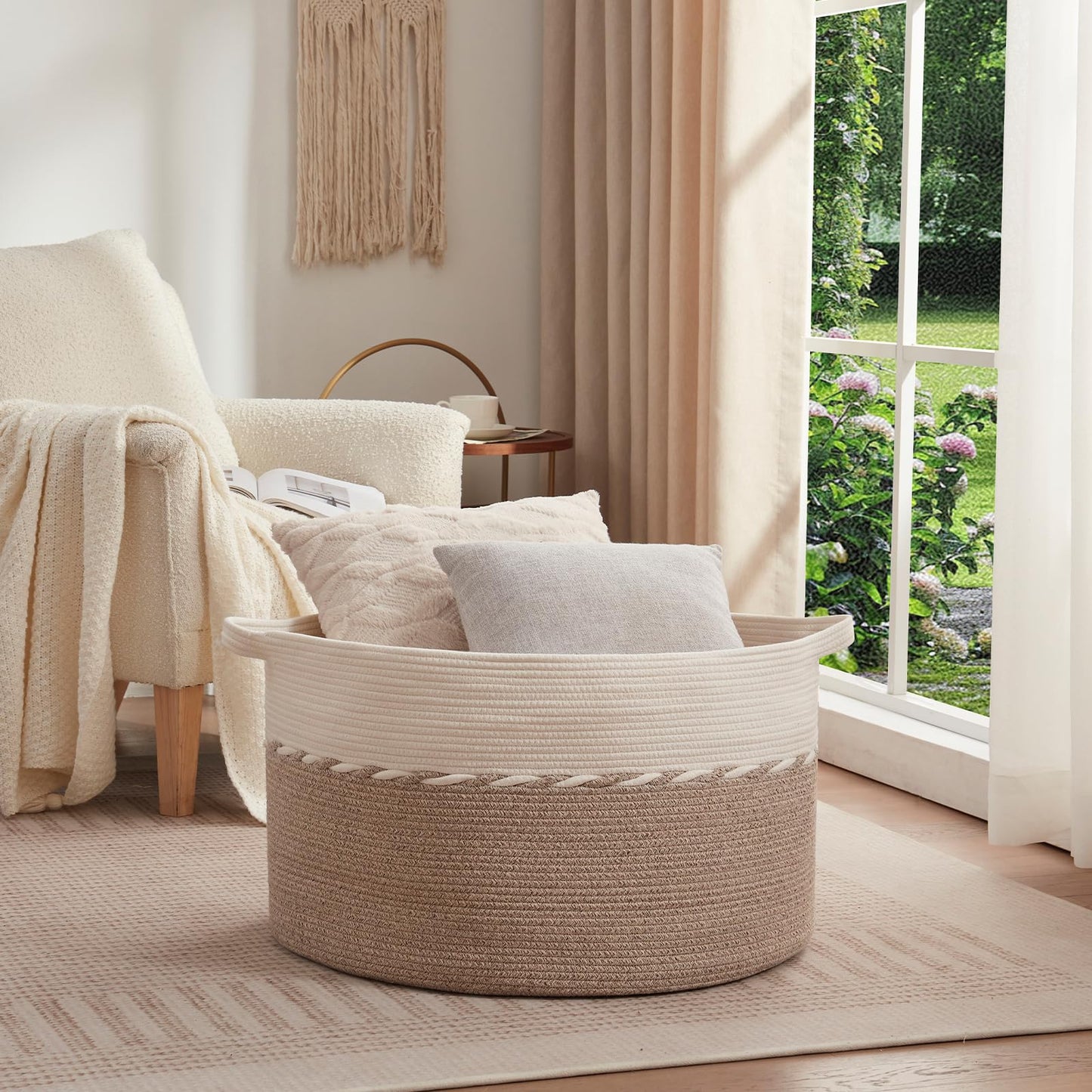 OIAHOMY 125L Extra Large Blanket Basket, 25" x 16", Jumbo Laundry Hamper, Cotton Rope Basket with Handles for Living Room,Baby Toy Storage Bins, Brown