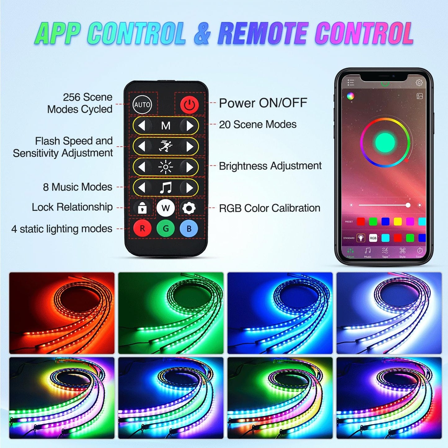 Nilight 4Pcs Car Underglow Neon Accent Strip Lights 256 LEDs RGBIC Multi Color DIY Sound Active Function Music Mode with APP Control and Remote Control Underbody Light Strips, 2 Years Warranty