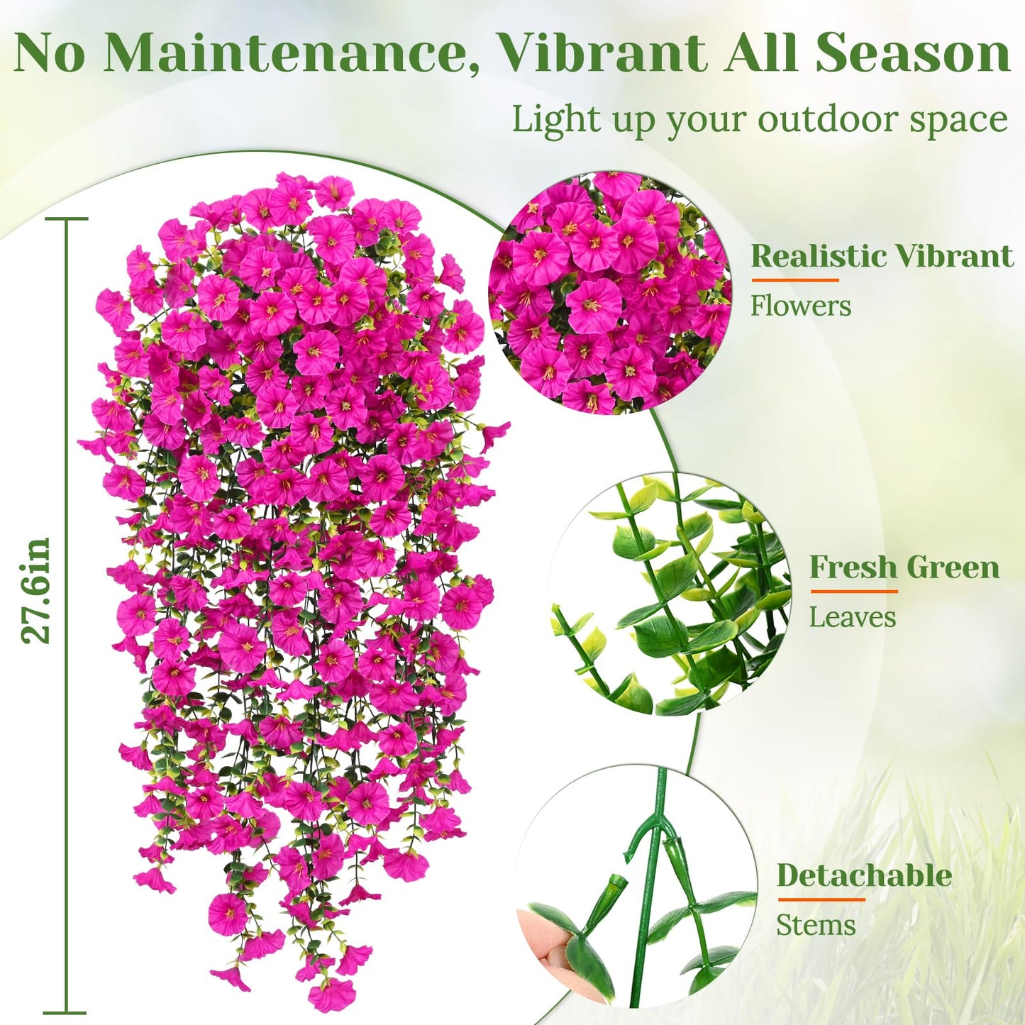 MARTINE MALL 8 Pcs Look Real Artificial Flowers for Outdoors, Realistic Artificial Hanging Flowers for Outdoors, UV Resistant Fake Hanging Plants Silk Petunia Faux Flowers for Porch Patio, Fuchsia