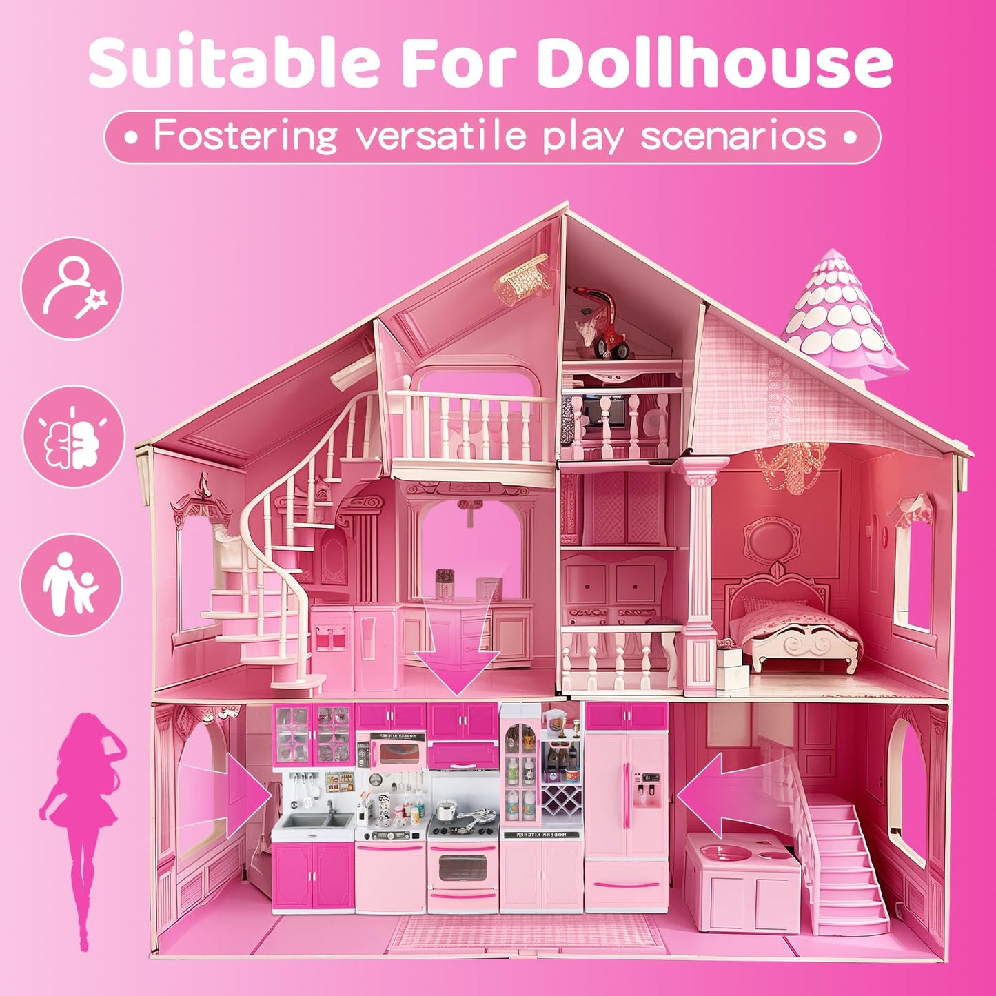 SOCBTNSO 64 PCS Pink Kitchen Toys with Lights Sounds|Mini Kitchen House Furniture Sets for Kids Ages 4-8|Doll Playset Toys for Toddlers 3-5|Birthday Gifts for 3 4 5 6 7 8 Old Girls