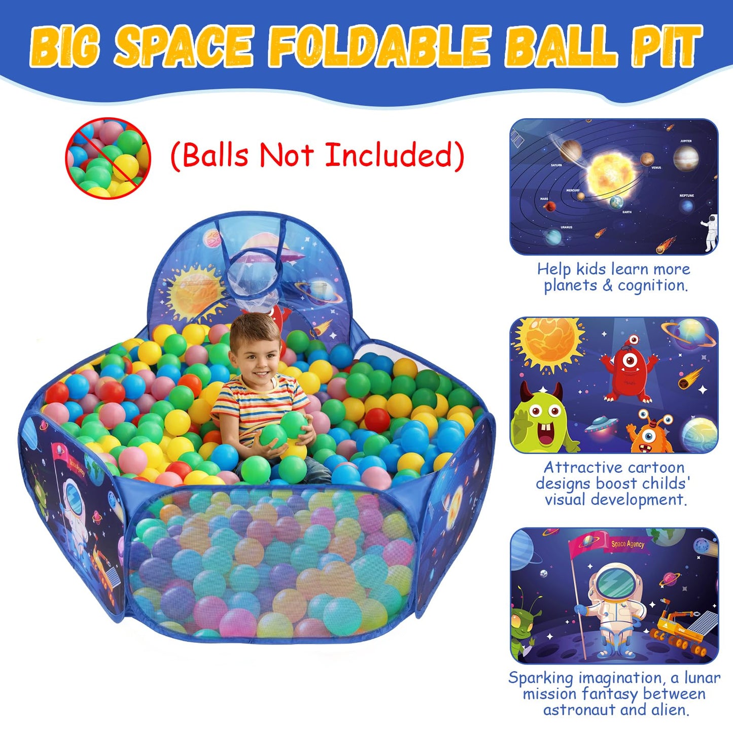 3 in 1 Rocket Ship Play Tent with Tunnel Ball Pit for Kids Space Themed Pop Up Playhouse Indoor Outdoor Astronaut Tent Set Toy Gift for Boys Girls Toddler Baby Child Games Birthday Party
