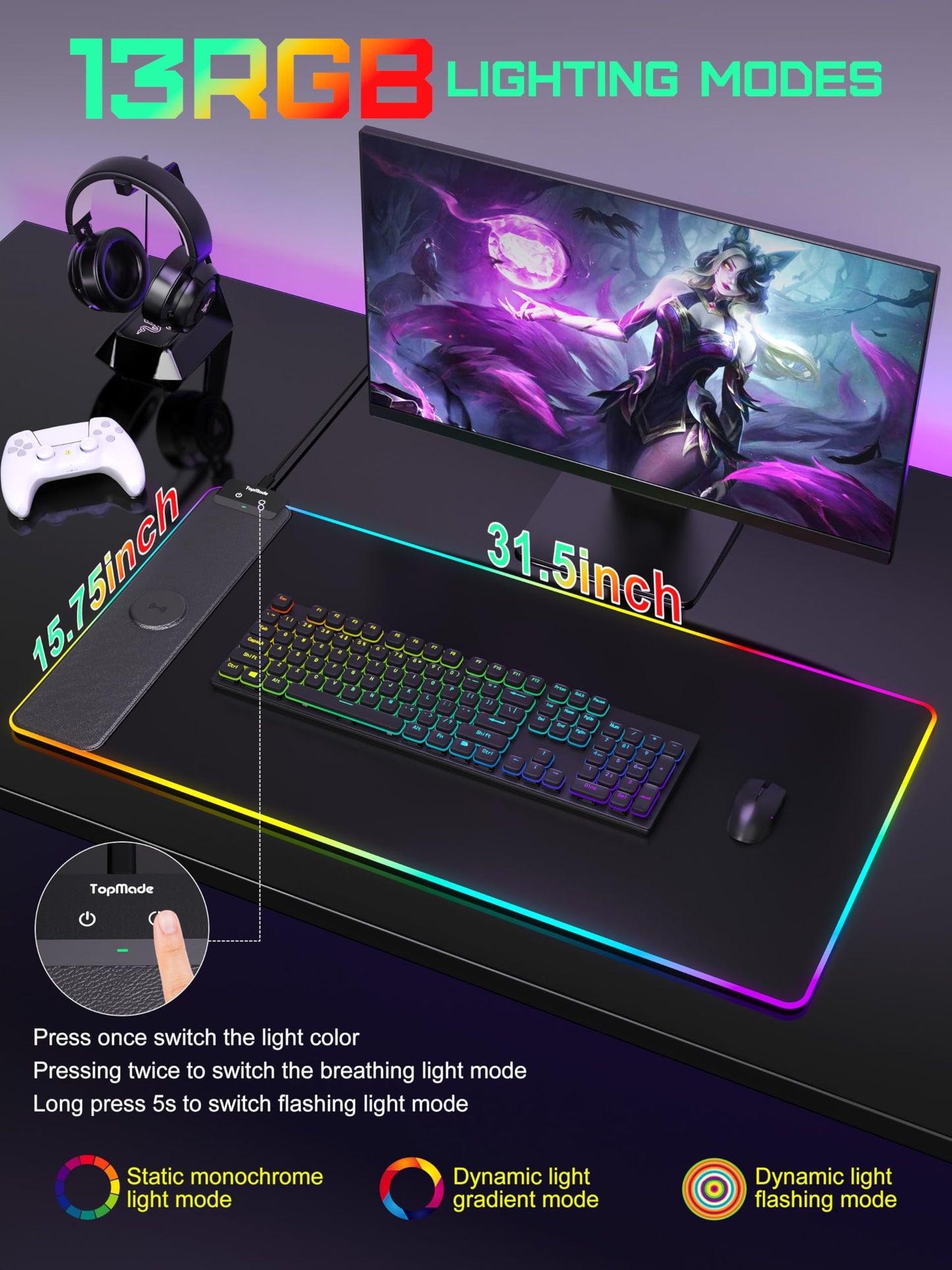 TopMade Wireless Charging Mouse Pad, RGB Gaming Mousepad Home Office Large Desk Mat with 13 Light Modes, Ultra-Smooth Surface, Non-Slip Rubber Base (Includes 20W PD Power Adapter & 6.56ft Woven Cable)