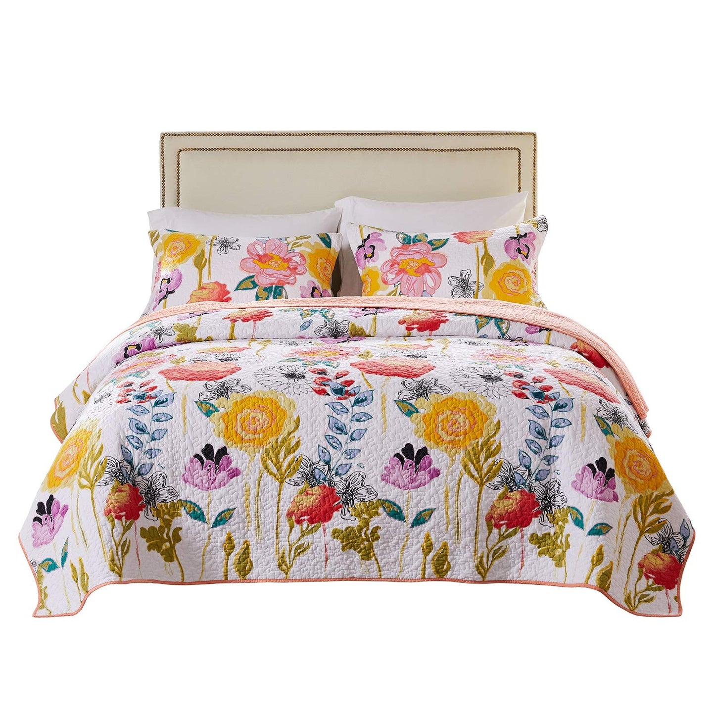Greenland Home - GL-1408AMSQ Watercolor Dream Quilt Set, 3-Piece Full/Queen, White