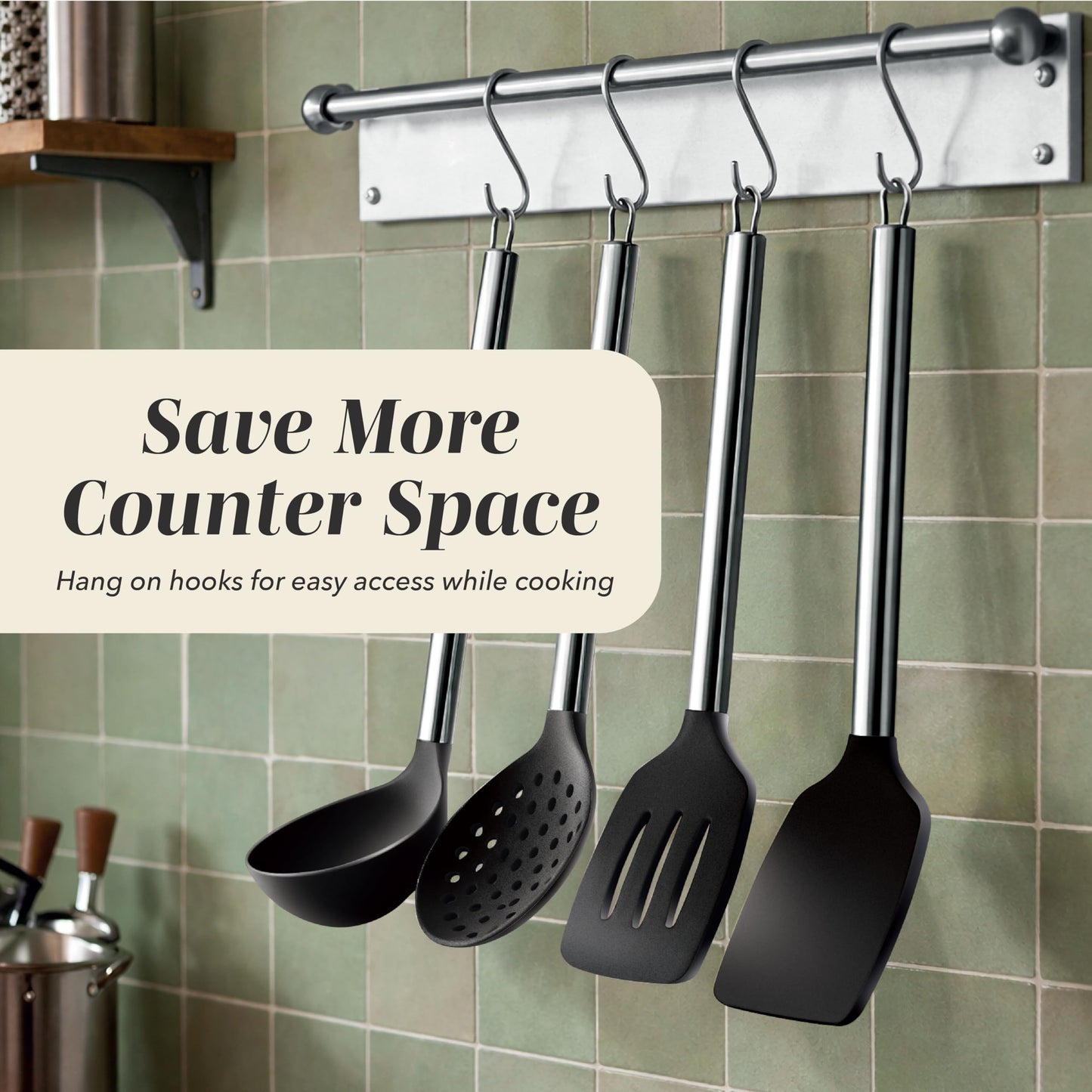 COOK WITH COLOR Silicone Cooking Utensils, Kitchen Utensil Set, Easy to Clean Silicone Kitchen Utensils, Cooking Utensils for Nonstick Cookware, Kitchen Gadgets Set, 10 Pieces, Black
