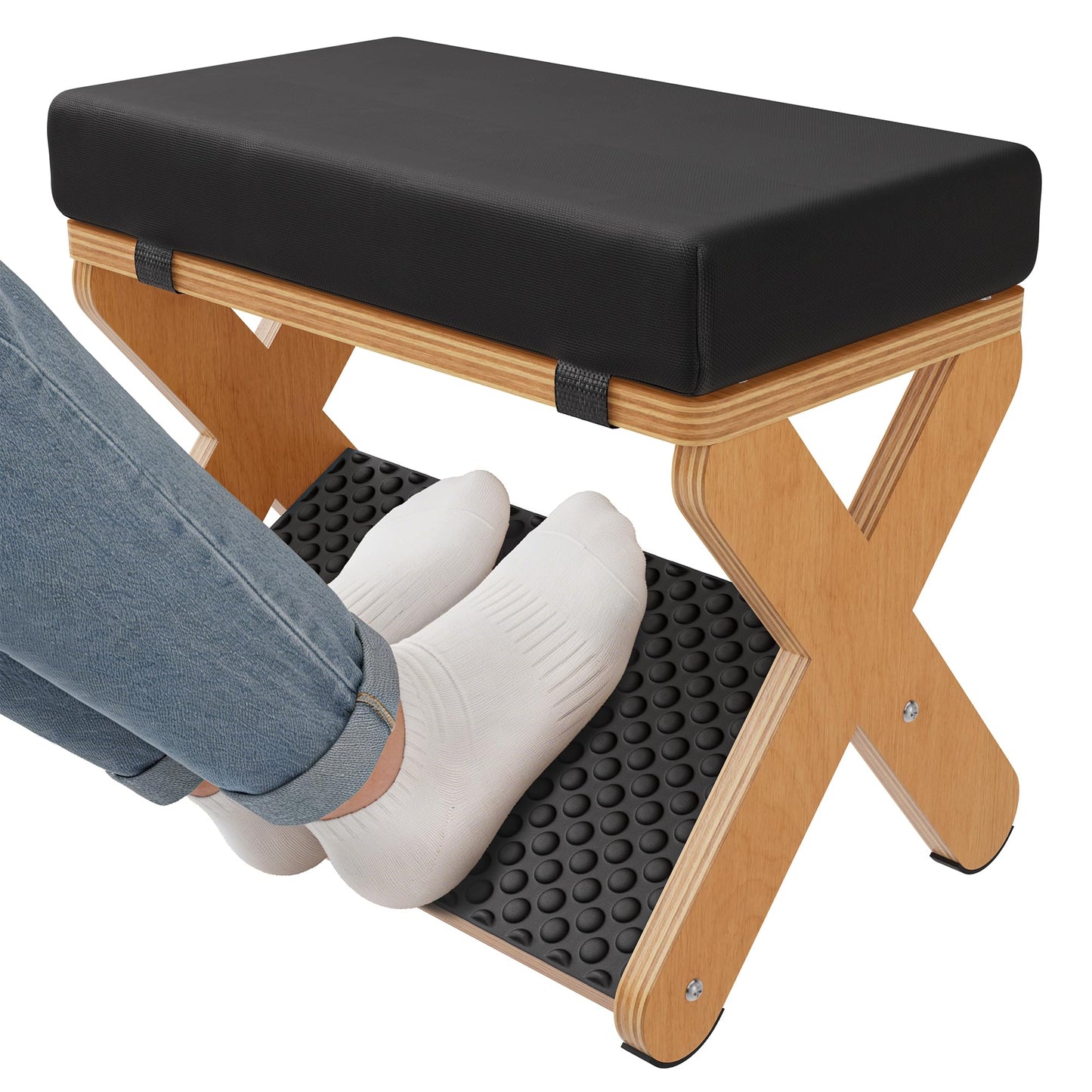 WWMFS Wood X-Legs Foot Stool Ottoman, Multi-Purpose Small Ottoman with Pebble Massage Surface and Non-Slip Foot Pads，Sturdy Solid Wood Frame Padded Seat Footrest for Office，Living Room & Bedroom