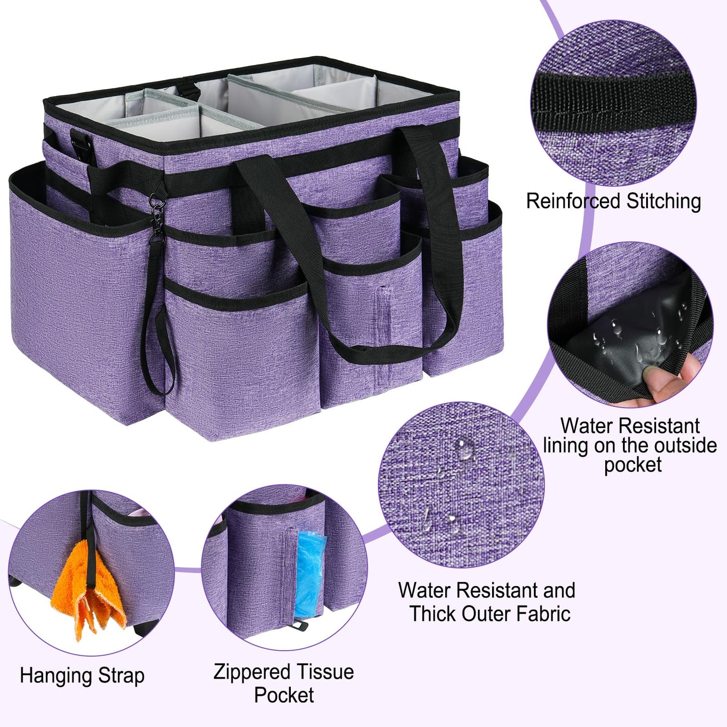 ZIOZERTT Large Rolling Cleaning Caddy Bag with Detachable Trolley,Cleaning Cart on Wheels with Shoulder Strap,Cleaning Supplies Organizer for Housekeepers,Purple