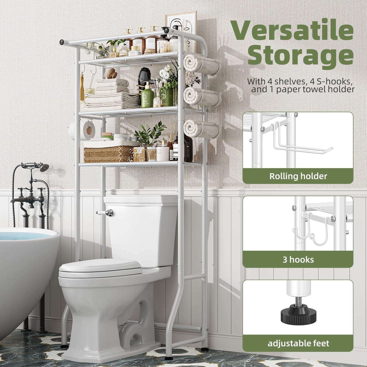 Simple Trending 3 Tier Over The Toilet Storage Rack, Metal Bathroom Shelf, Bathroom Stand Organizer Space Saver with Paper Holder and Hooks, White
