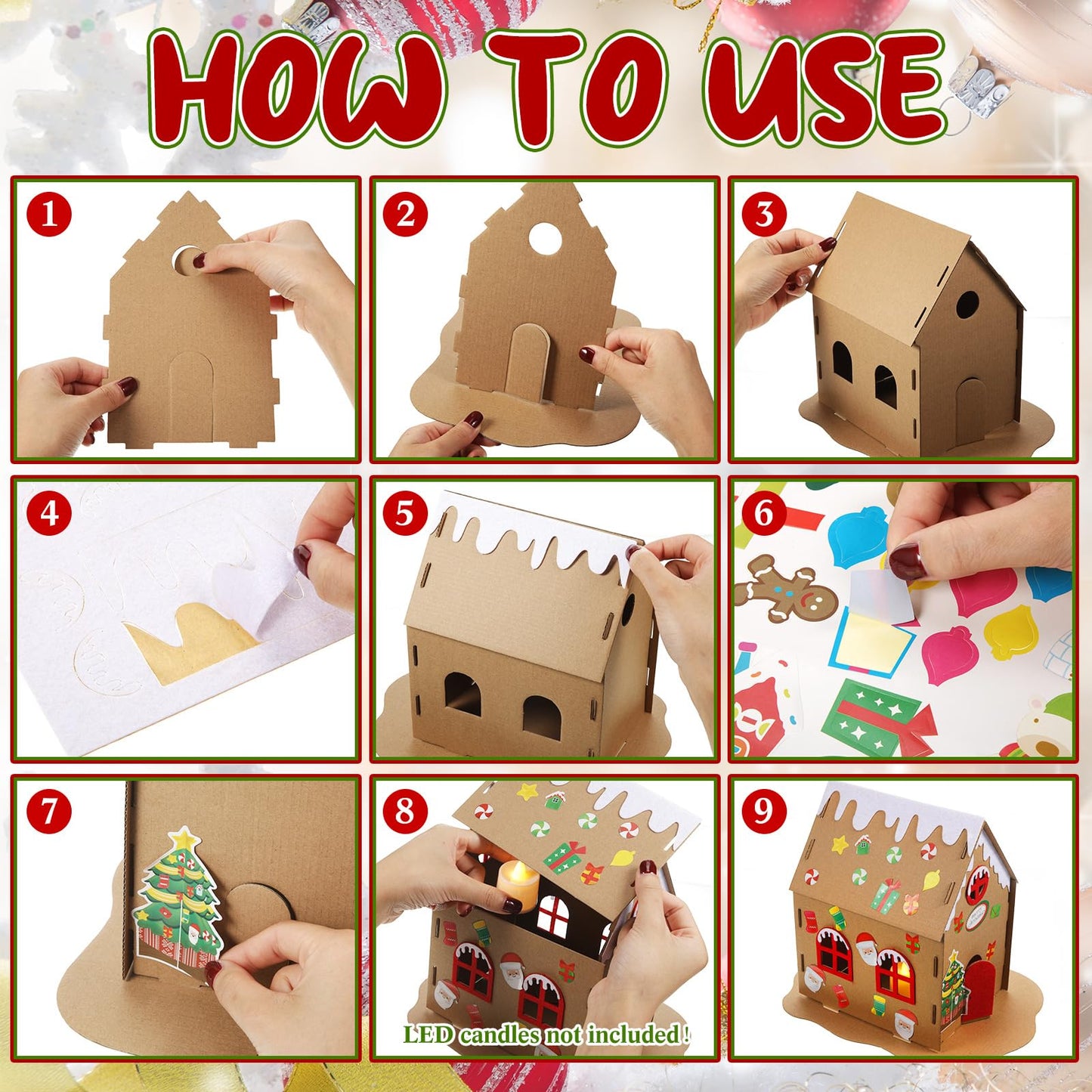 Hiboom 15 Pack Christmas Craft Kit Large Christmas Gingerbread House Kit with Flameless Candle Xmas Craft House Make a Gingerbread House Craft 3D Xmas Craft for Holiday Party Game Craft Decor Supplies