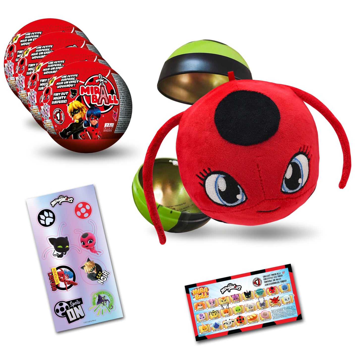 Miraculous Ladybug, 4-1 Capsule Collectible Toy, [PACK OF 4], Surprise Miraball with expanding Plush Kwami, Collectible Character Metal Case, Glittery Stickers & hanging Display Ribbon