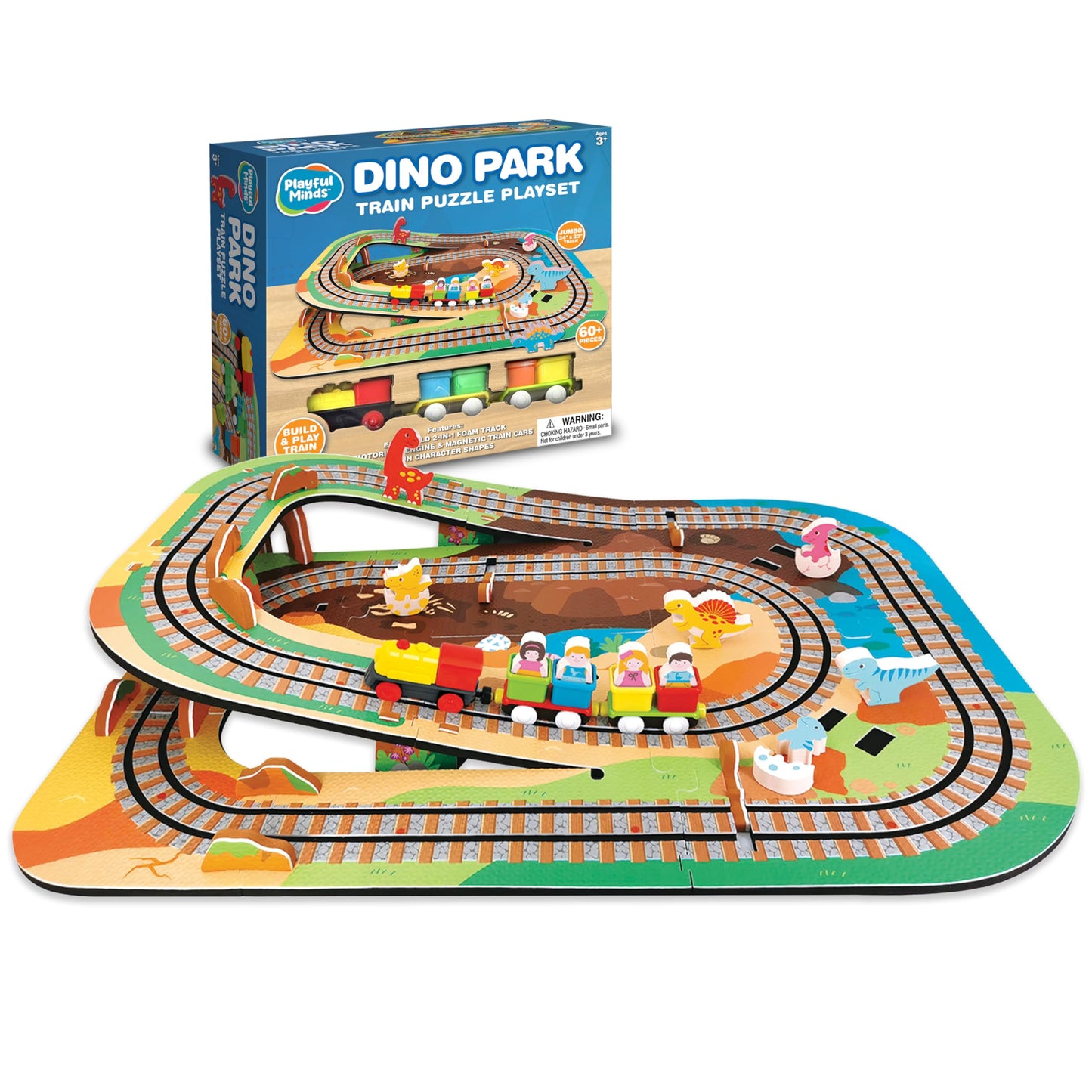 Playful Minds Dino Park Train Puzzle Playset – 60 Pc Build and Play Railway Set for Toddlers and Kids Ages 3-5 – EVA Foam Puzzle Track with Motorized Train and Cars