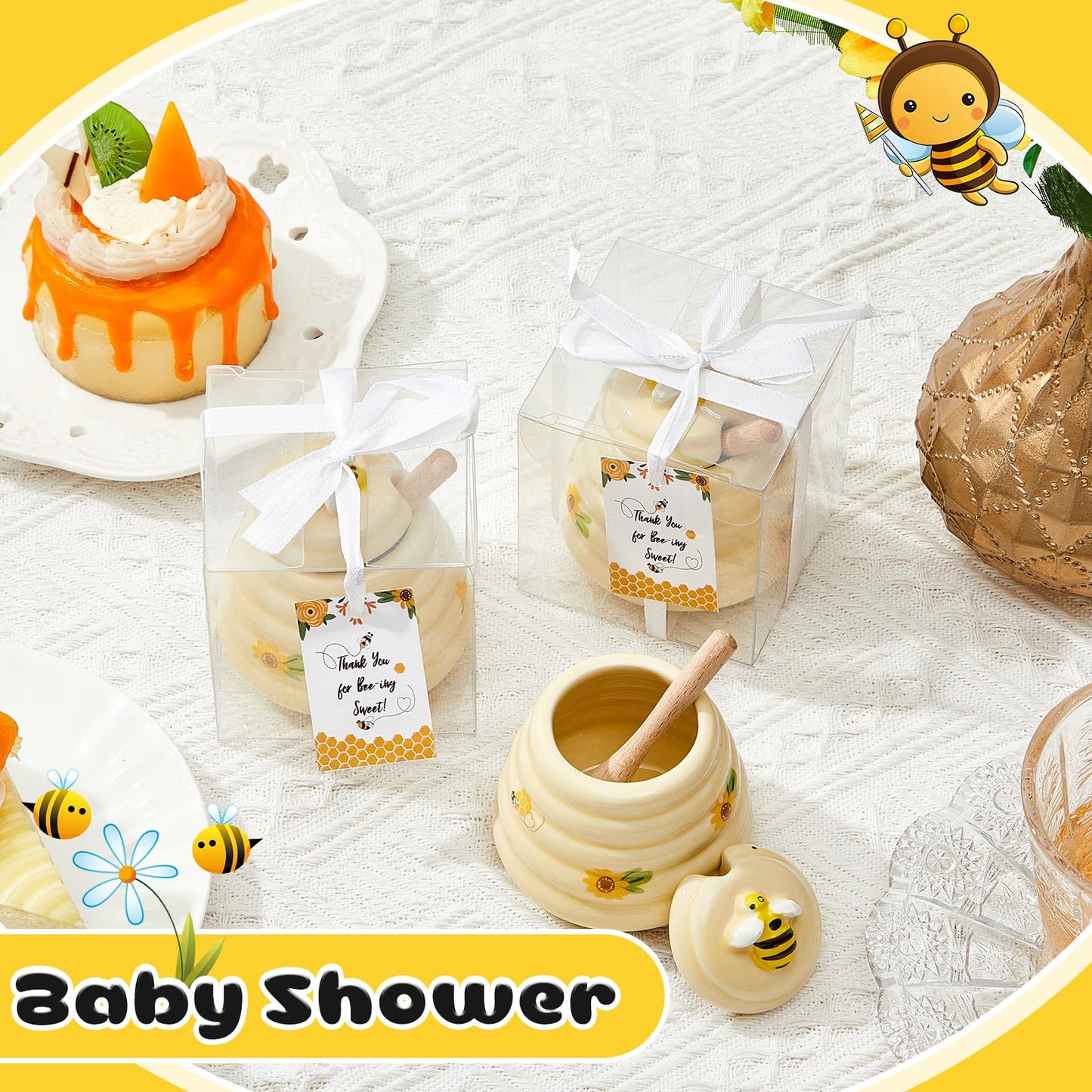 Yinder 12 Pcs Baby Shower Prize for Winners Honey Party Favors 3 oz Ceramic Honey Jars with Dippers Mini Bee Themed Pots with Goodie Boxes for Baby Shower Wedding Favors Bee Themed Party Gifts
