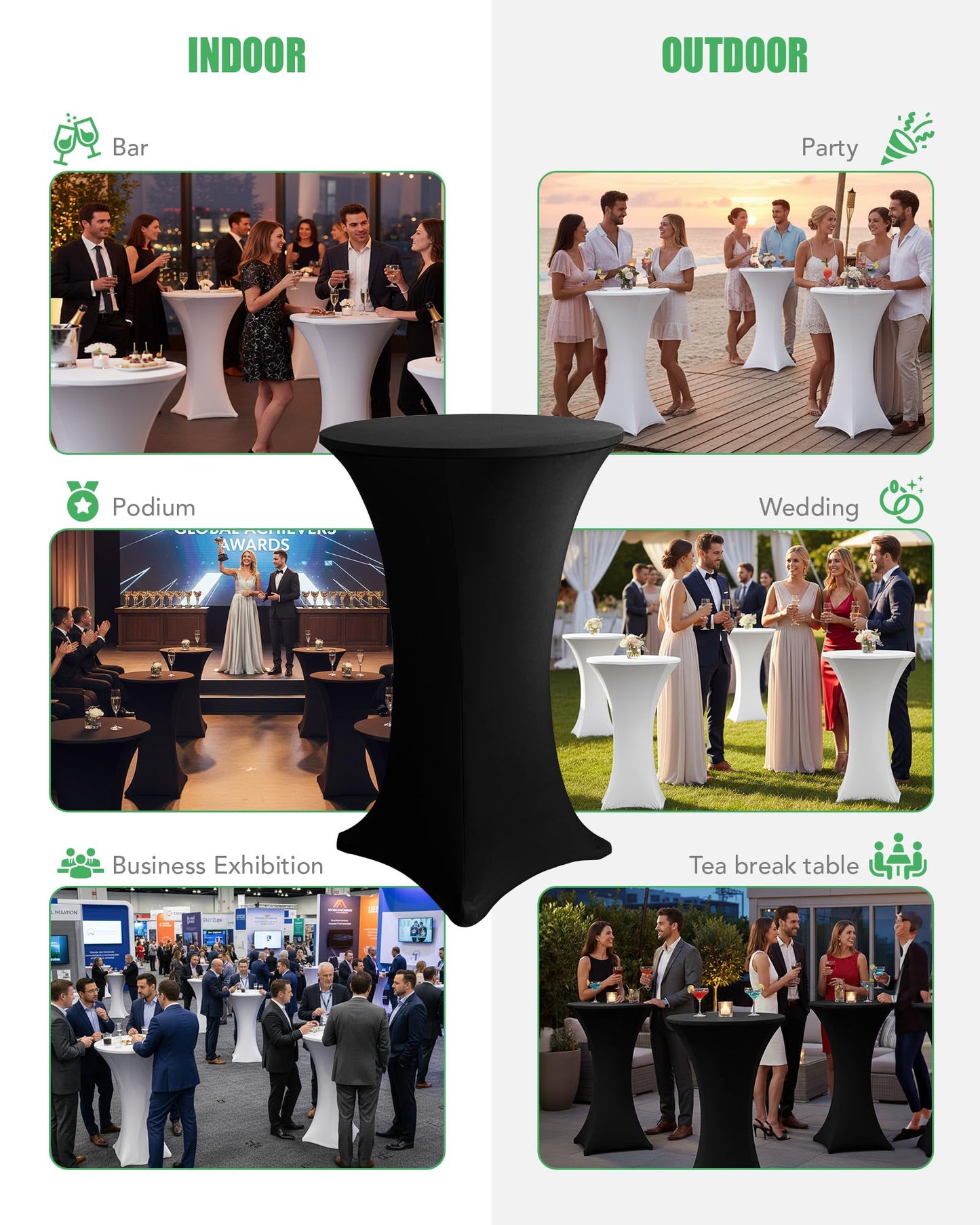 KeyWave Cocktail High Top Table Covers - 32x43 Inch Fitted Spandex Round Cocktail Tablecloth for Bar Height Standing Table Cloths Reusable, for Party Wedding Banquet Event Decorations, Black, 8 Pack