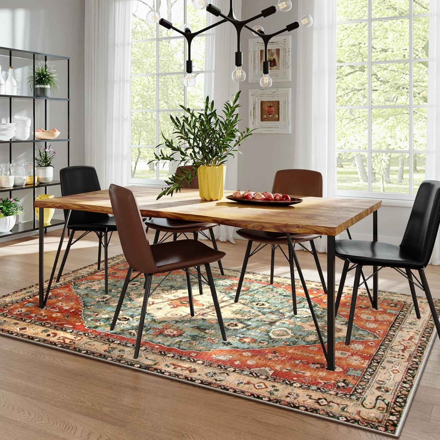 Lahome Felice Boho Tribal 5x7 Washable Living Room Bedroom Rug, Oriental Soft Dining Room Rugs for Under Table, Large Distressed Printed Carpet for Entryway Kitchen Playroom (Rust/Dull Teal,5x7ft)