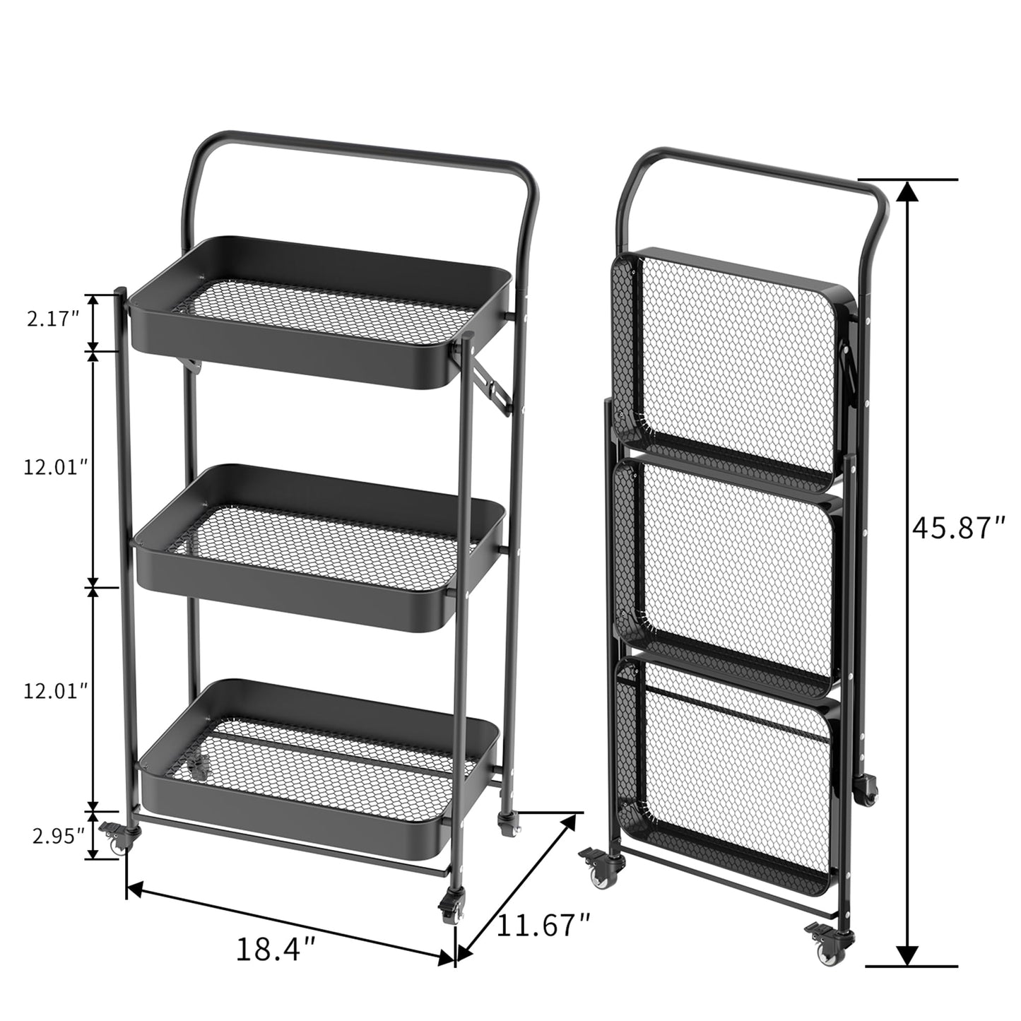 JAQ No Assembly Foldable Rolling Cart, 3 Tier Black Metal Folding Utility Cart with Handle, Heavy Duty Mobile Storage Organizer on Wheels for Office, Garage, Tools & Kitchen (Black)