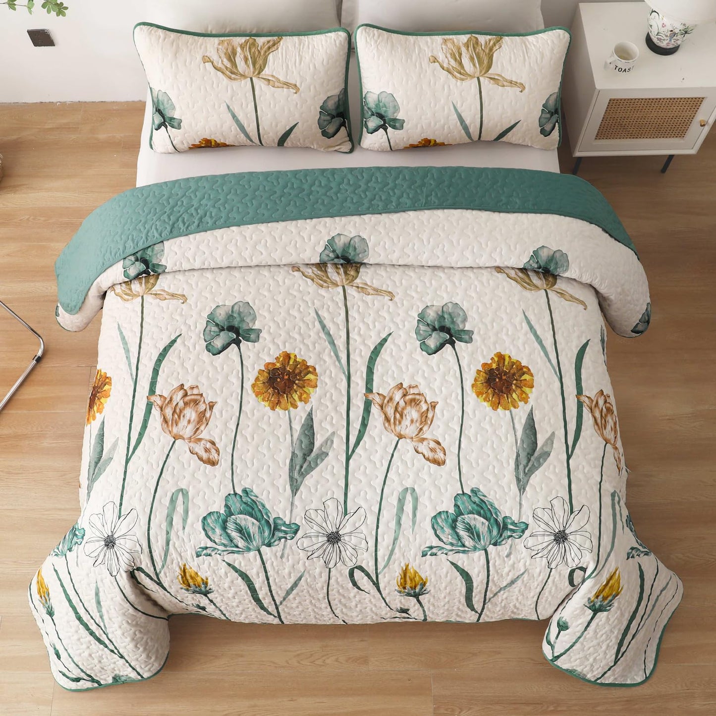 WONGS BEDDING Floral Quilt Set Queen,Green Yellow Floral Botanical Bedspread Bedding Set with 2 Pillowcase,Spring Summer Lightweight Farmhouse Coverlet Set for All Season (96"x90")