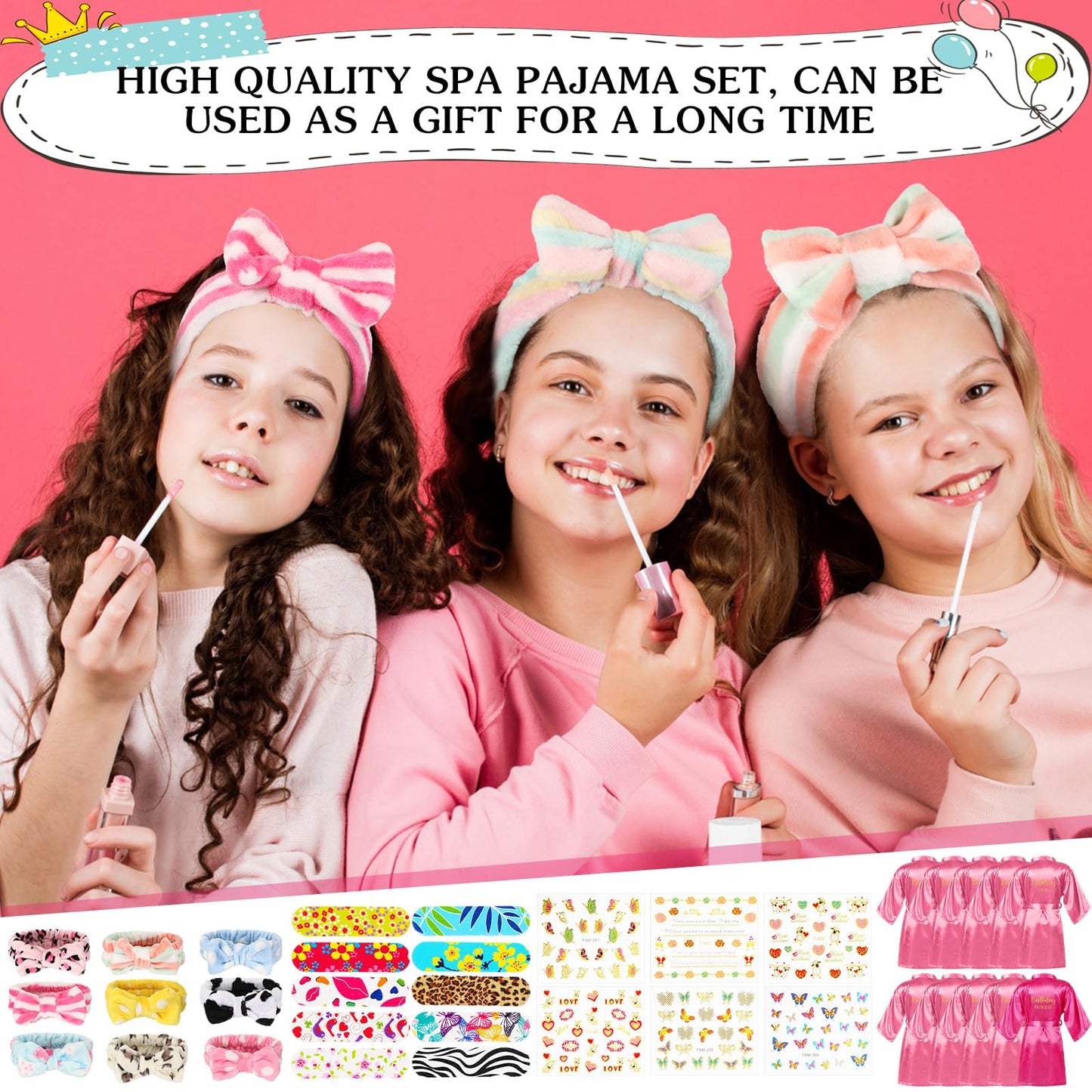 Toulite 10 Set Spa Party Supplies for Girls Kids 10 Satin Robes Spa Kit Sleepover Birthday Slumber Party Favors Nail Salon(Rose Red, Pink)