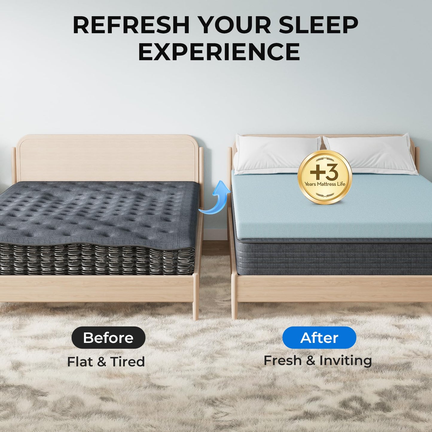 OhGeni 2 Inch Queen Memory Foam Mattress Topper Pad with Cover, Soft Bed Cover with Anti-Slip Base, Enhanced with Cooling Gel，Premium Comfort for Sleep & Back Pain Relief, Removable & Washable