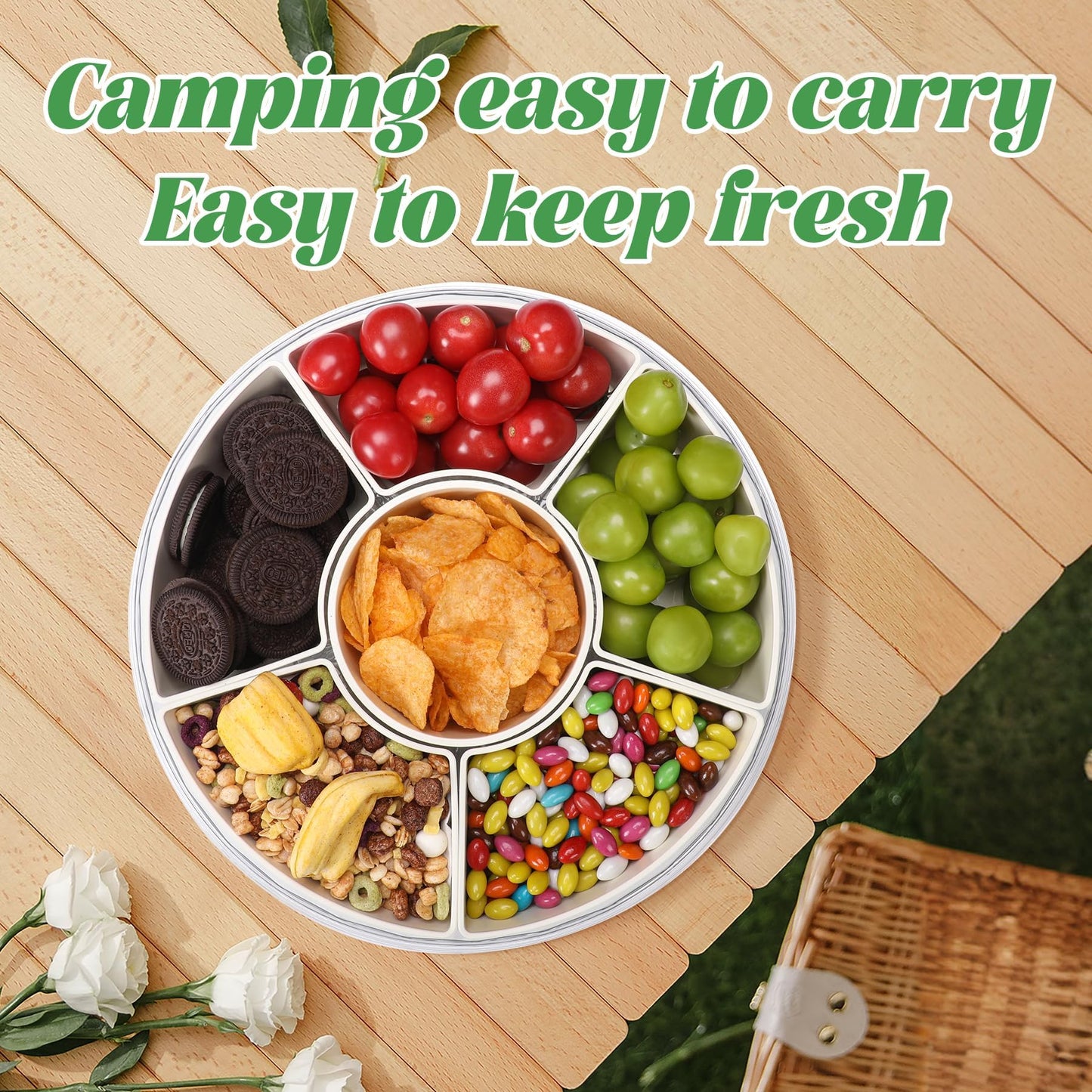 Snackle Box Container Divided Serving Tray with Lid, Handle, Spoon and Fork - Kitchen Portable Spinning Round Stackable Container with 6-Compartment for Veggies, Fruit, Candy, Party, Nuts, Essentials