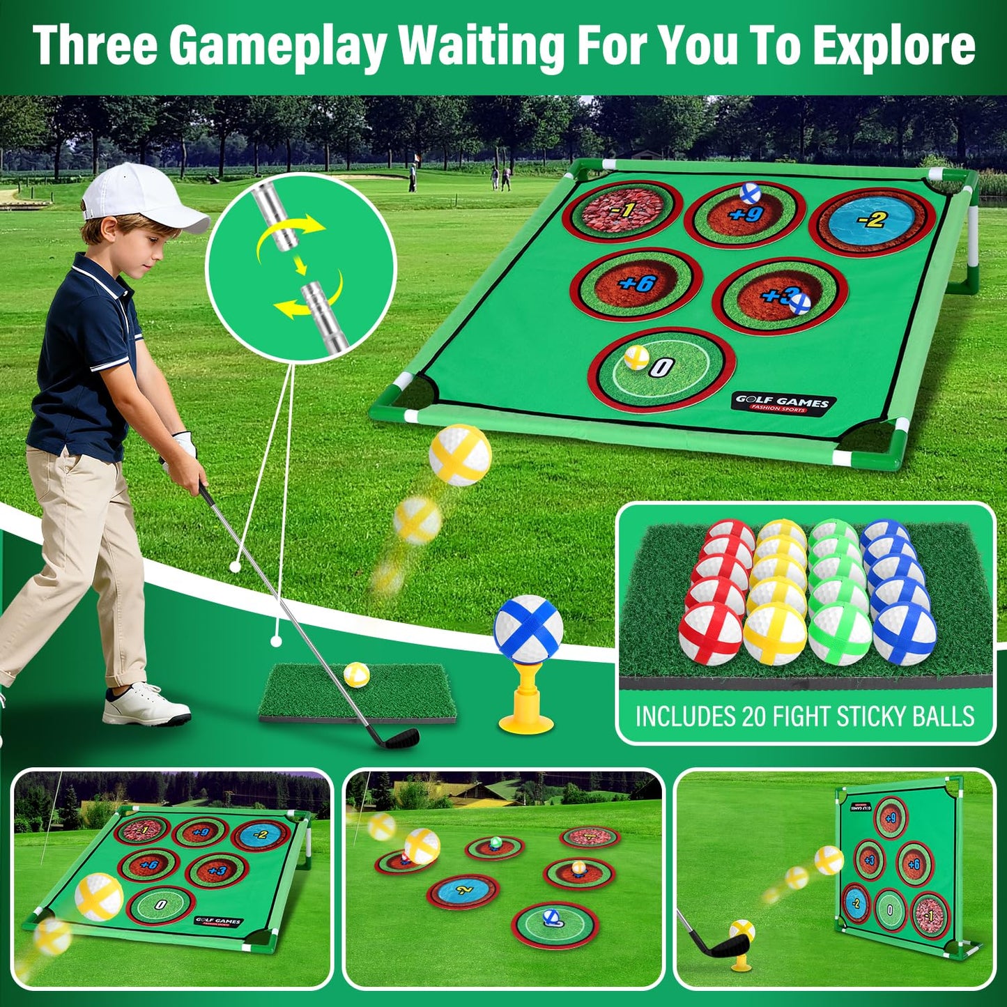 UMMNPR Golf Chipping Game Set, 20 Velcro Balls, 6 Hole Covers, Hitting Mat, Putting Mat, Carrying Bag, Indoor Outdoor