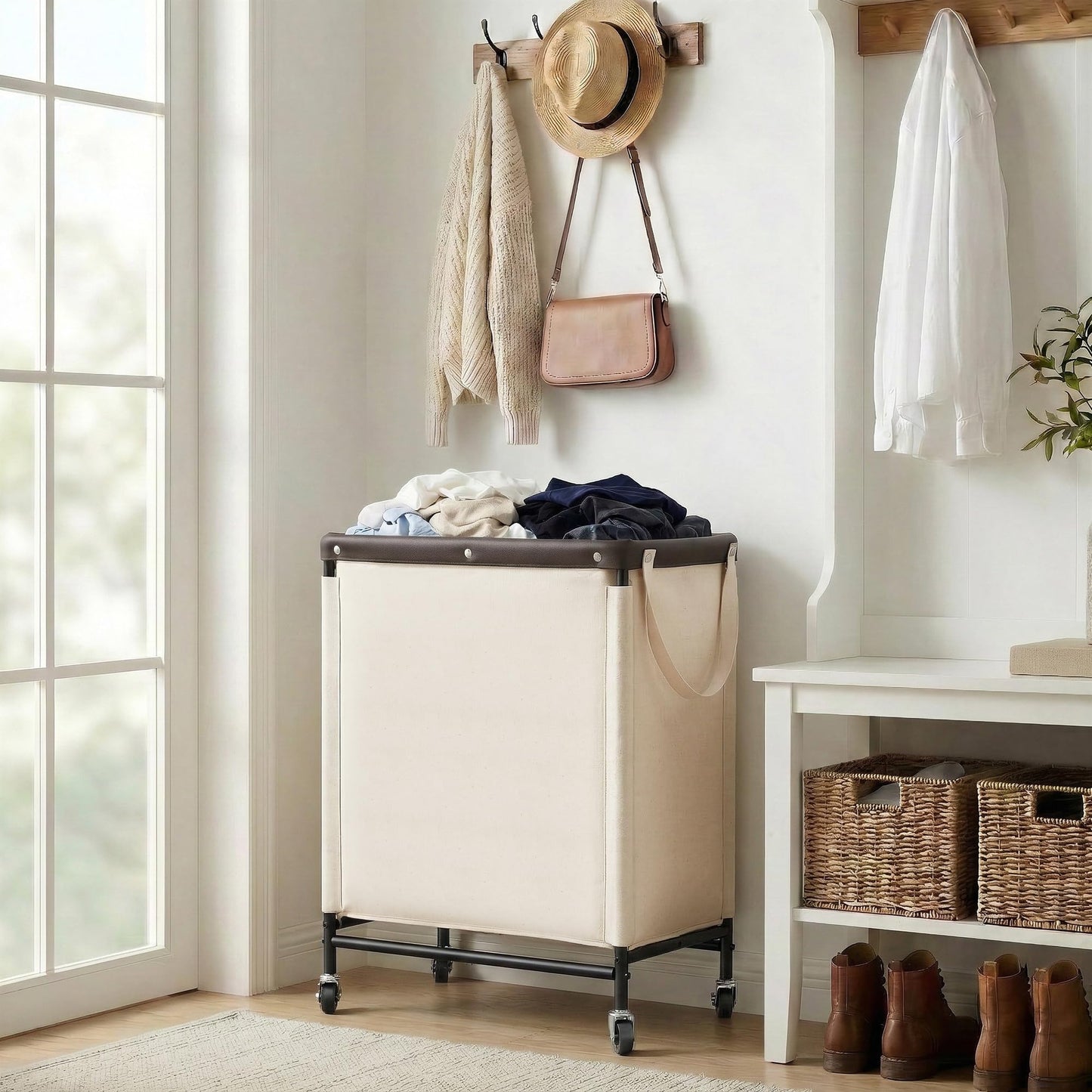 StorageWorks 2 Section Laundry Hamper, Rolling Laundry Cart with Wheels and Handles, Laundry Room Double Sorter for Organizer and Storage, 26.4 Gal(100L), Beige