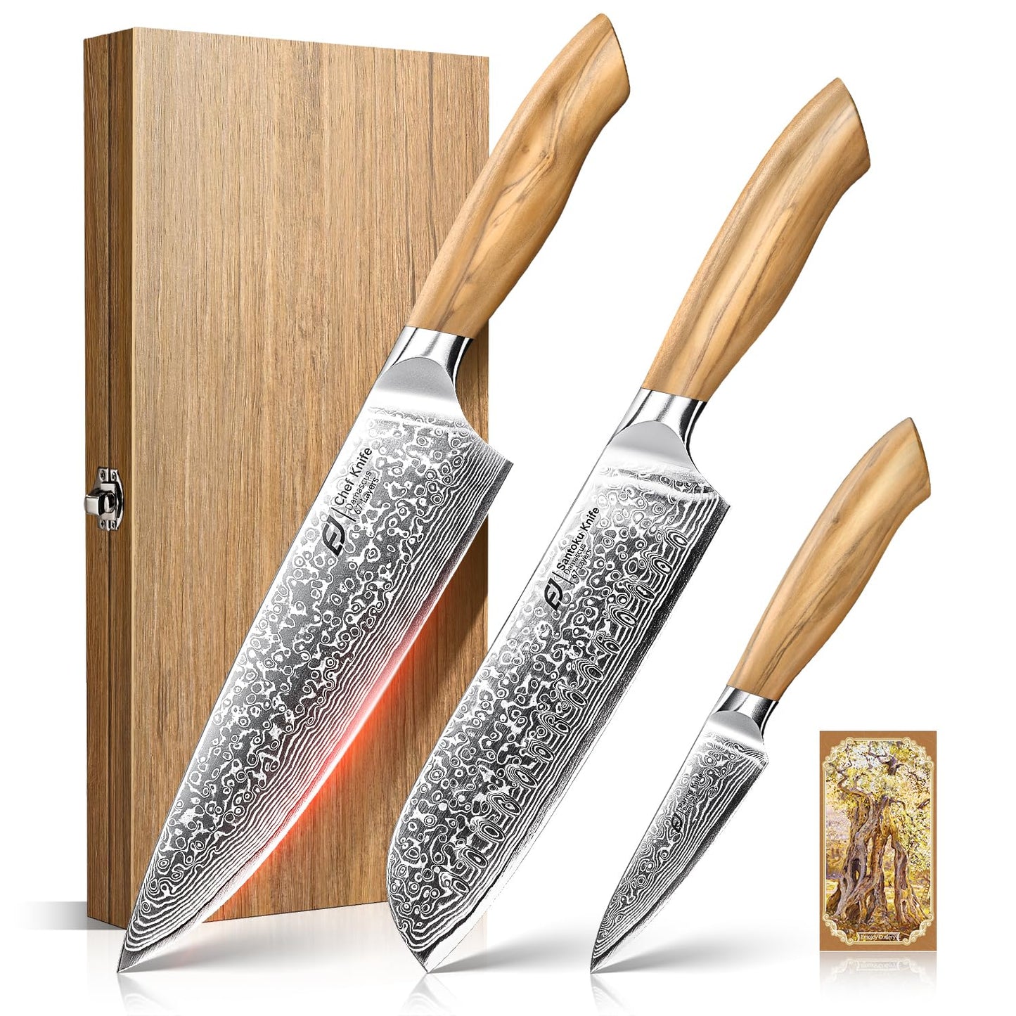 Emojoy Damascus Kitchen Knife Set, 3 PCS Japanese Chef Knife Set, 67-Layers Damascus Knife with Original Olive Wood Handle, Include Wooden Gift Box