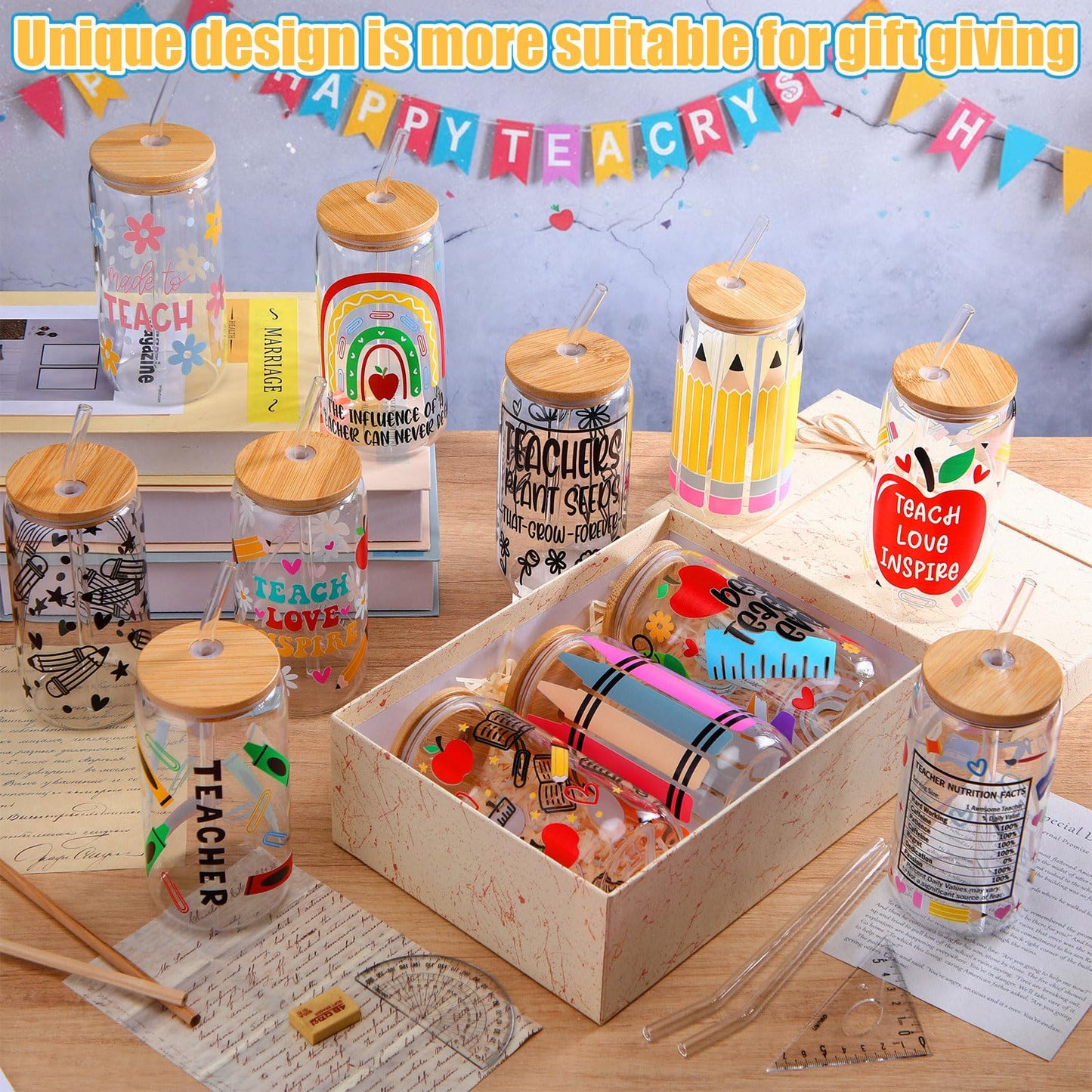 Yetene 12 Sets End of Year Teacher Gifts Bulk 2026 Teacher Appreciation Glass Cup with Lid and Straw 16 oz Apple Crayon Pencil Iced Coffee Tumbler Thank You Gifts for Daycare Preschool Graduation